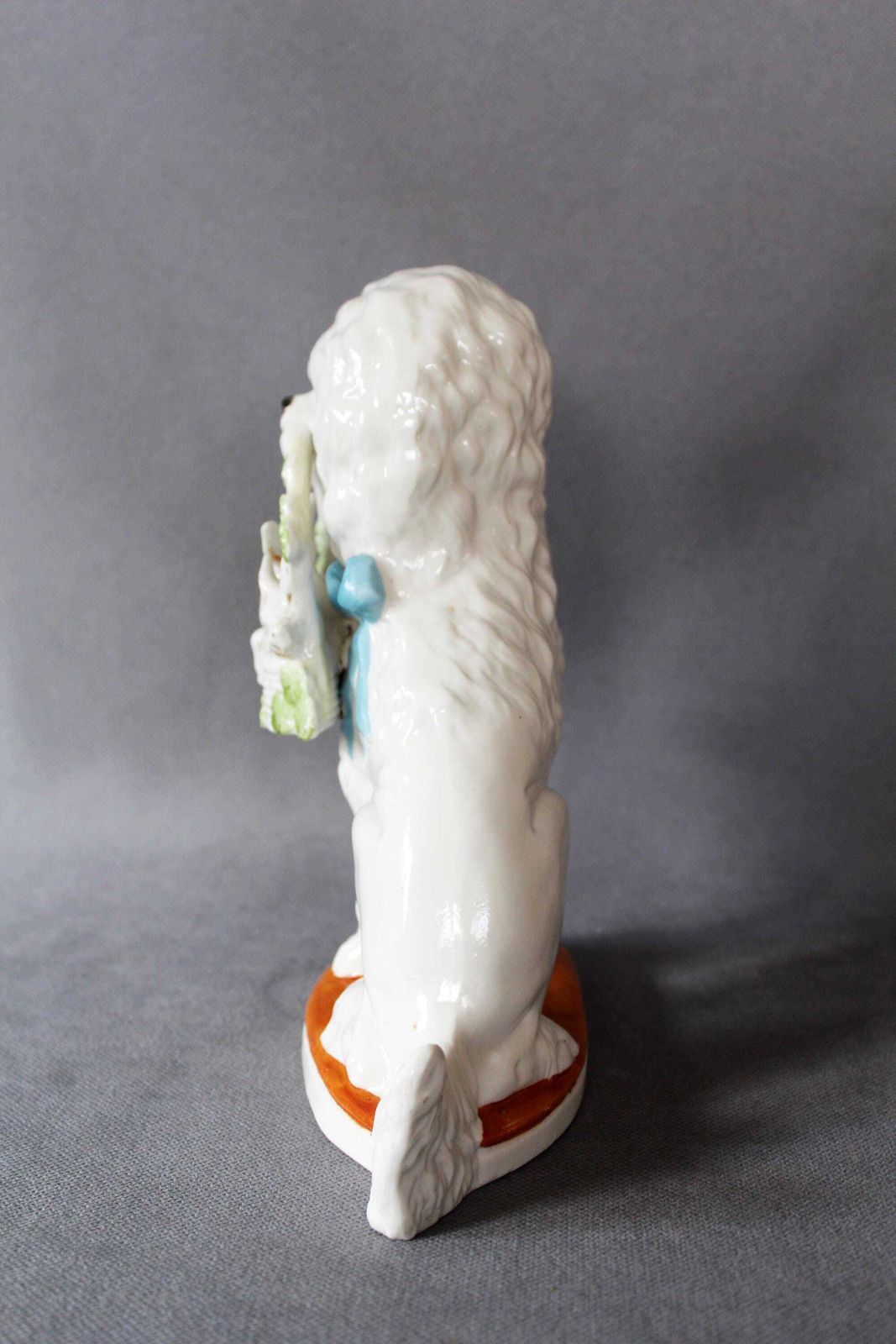 Large Antique Mantel Porcelain Poodle Dog With Basket, German Wally Dog, Hand Painted, Piglets Pigs In Basket, Gold Decoration, 19th Century photo 64.0