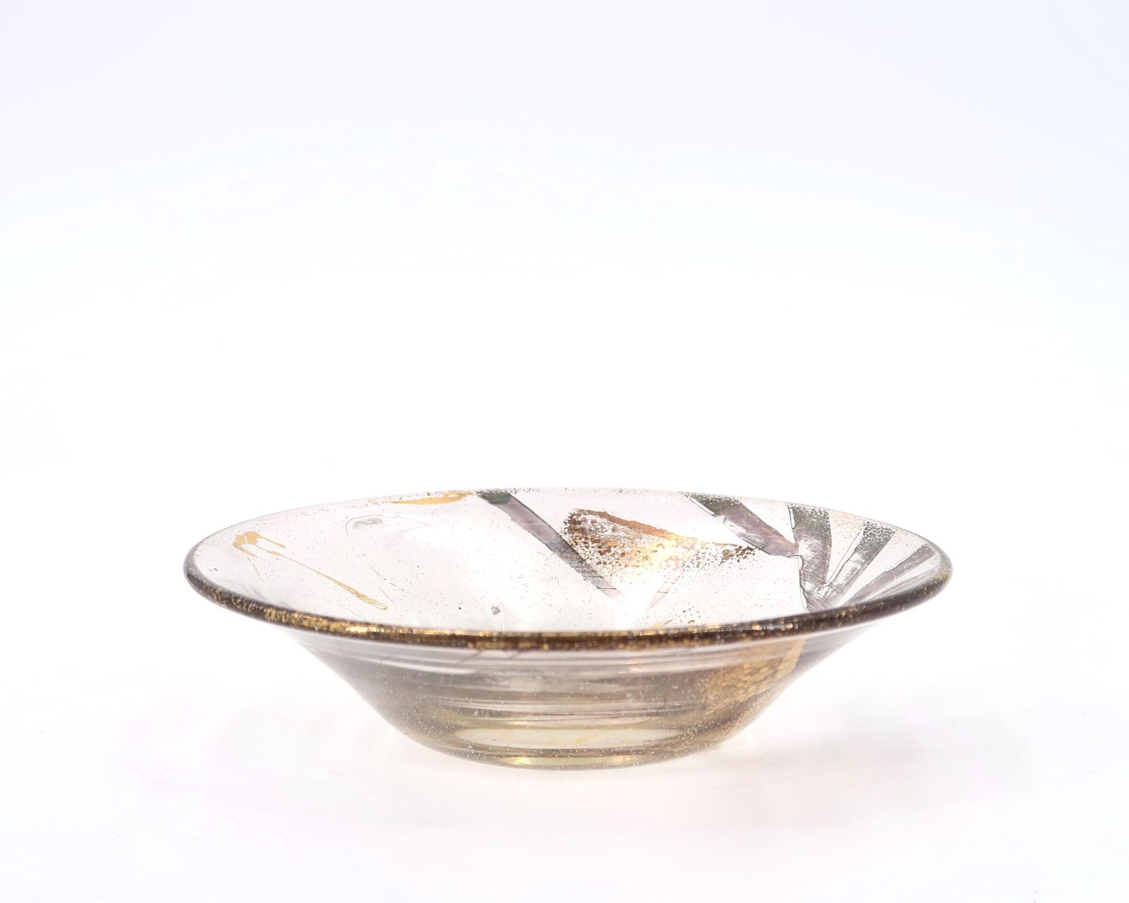 French Art Glass Dish Bowl With Gold And Silver Abstract Decor By Jean Paul Van Lith, Biot 1980s / Minimalist Ring Dish photo for sale