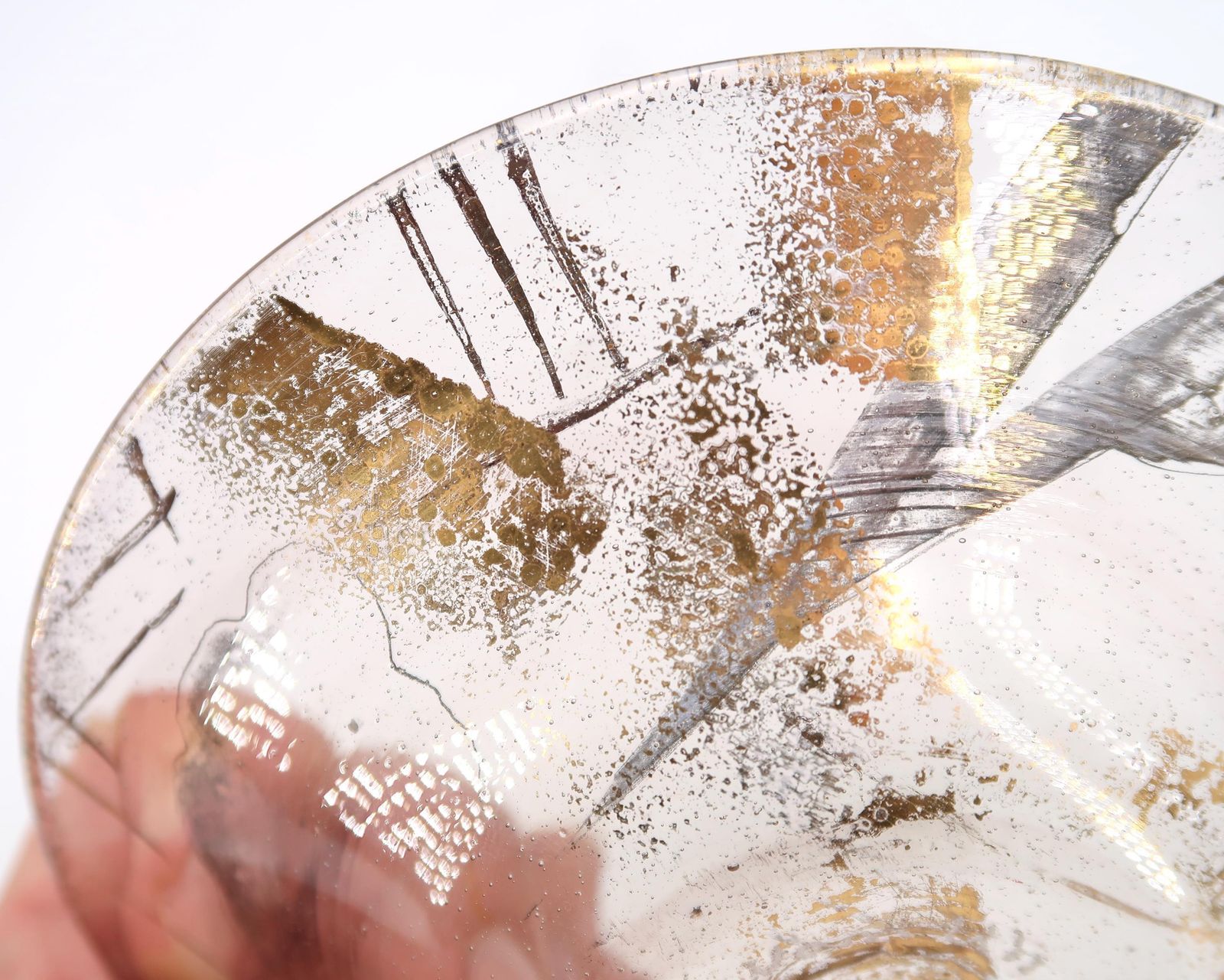 French Art Glass Dish Bowl With Gold And Silver Abstract Decor By Jean Paul Van Lith, Biot 1980s / Minimalist Ring Dish photo buy