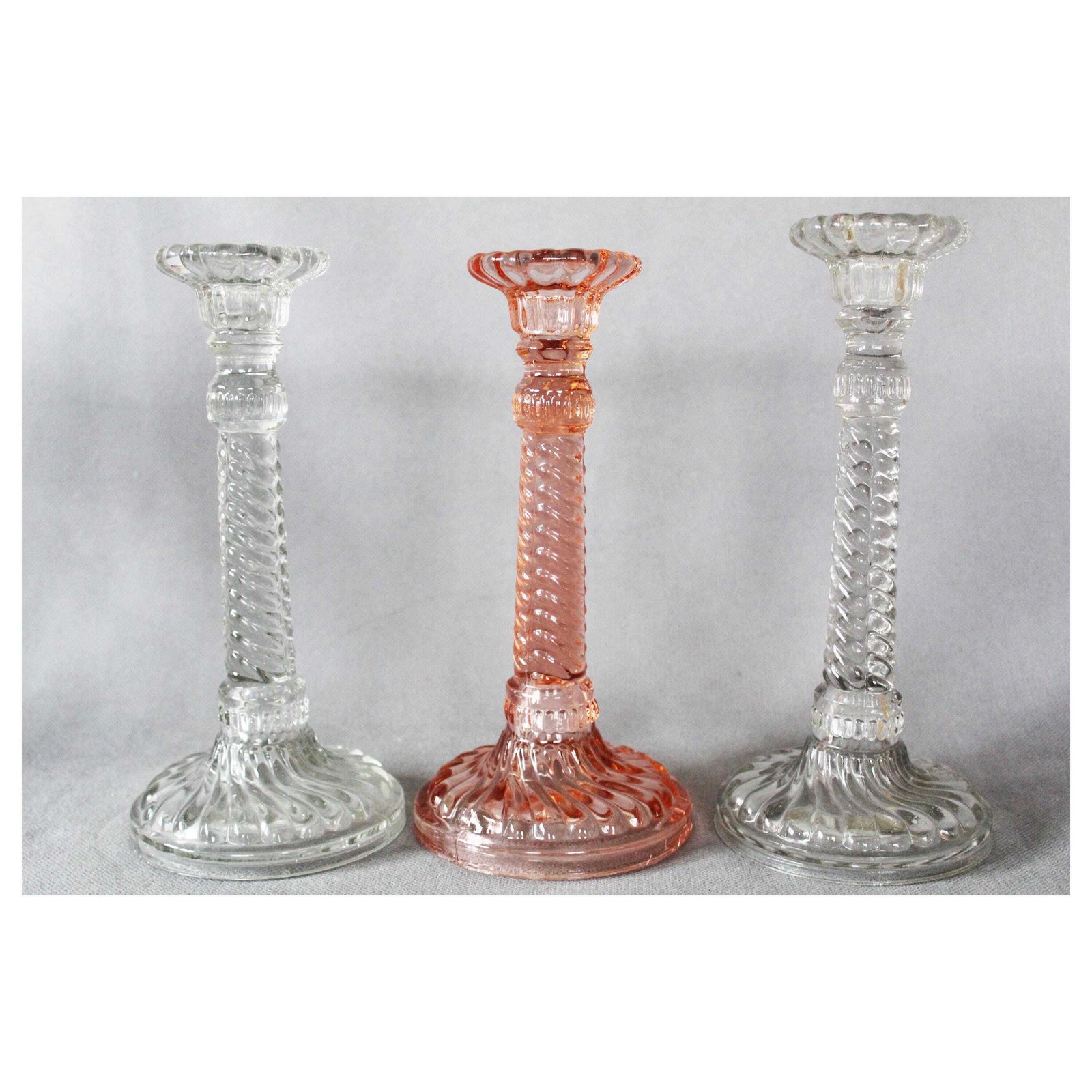 Three Art Deco Pressed Glass Candlestick Holder, Clear And Pink Rosaline Candle Holder, Scailmont Or Durover Belgium, Twisted Design photo furniture