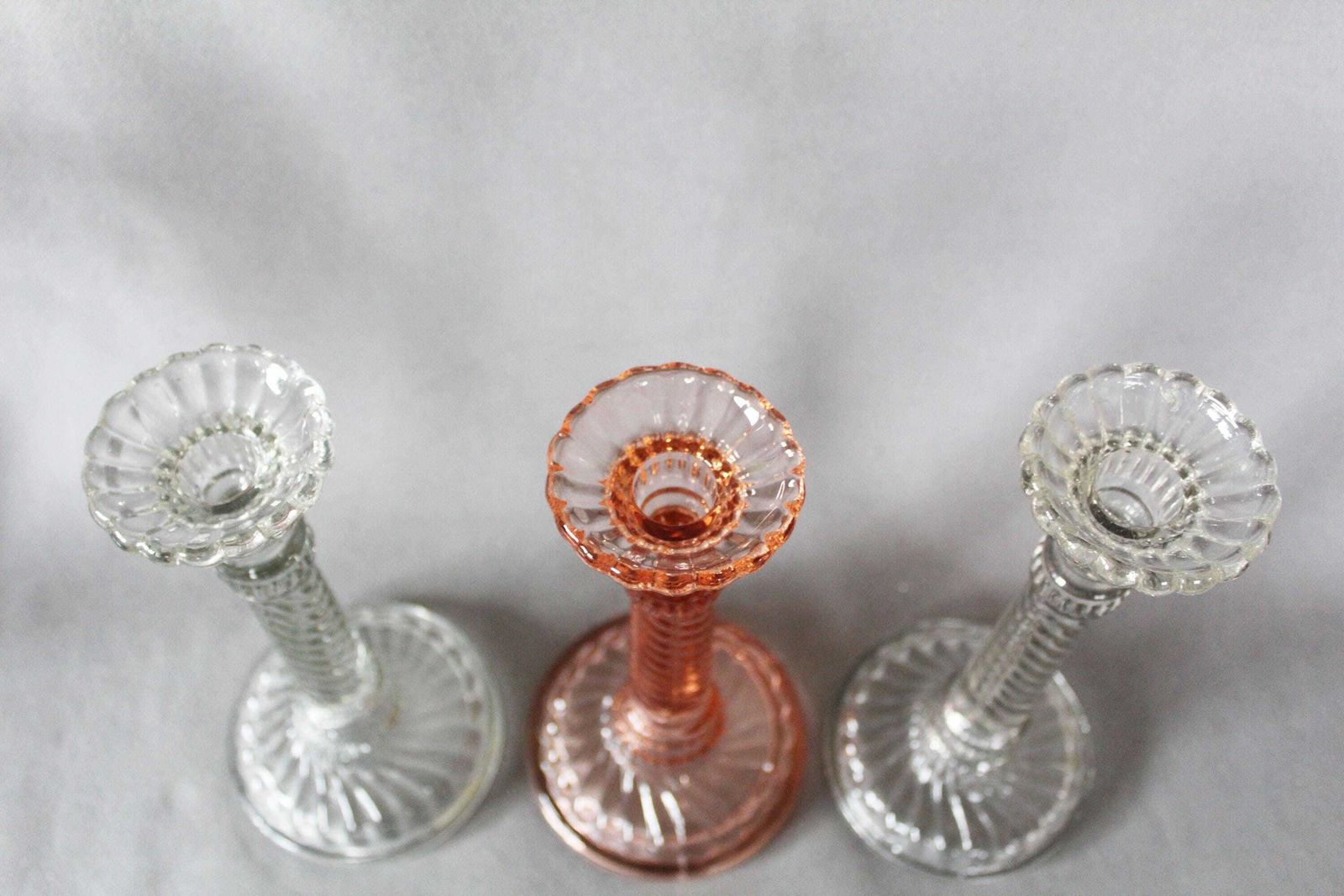 photo furniture Three Art Deco Pressed Glass Candlestick Holder, Clear And Pink Rosaline Candle Holder, Scailmont Or Durover Belgium, Twisted Design