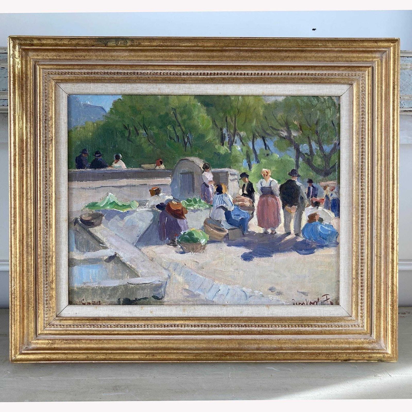 Sunlit Town Square Antique Original Oil On Canvas Impressionist Painting In A Southern European Setting