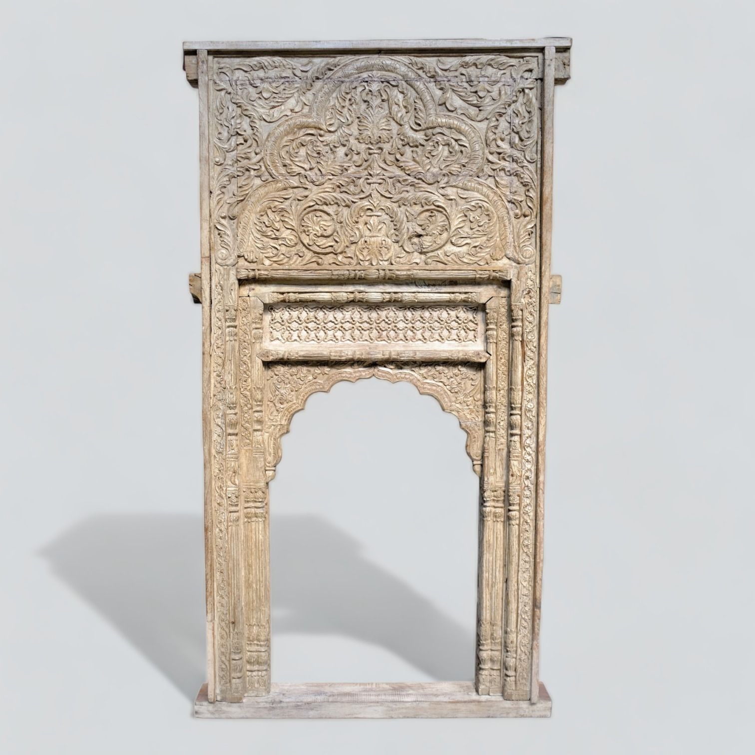 19th Century Antique Indian Wooden Jharokha Mirror | Handcrafted Wall Décor With Mughal Heritage & Rajasthani Carving photo for sale