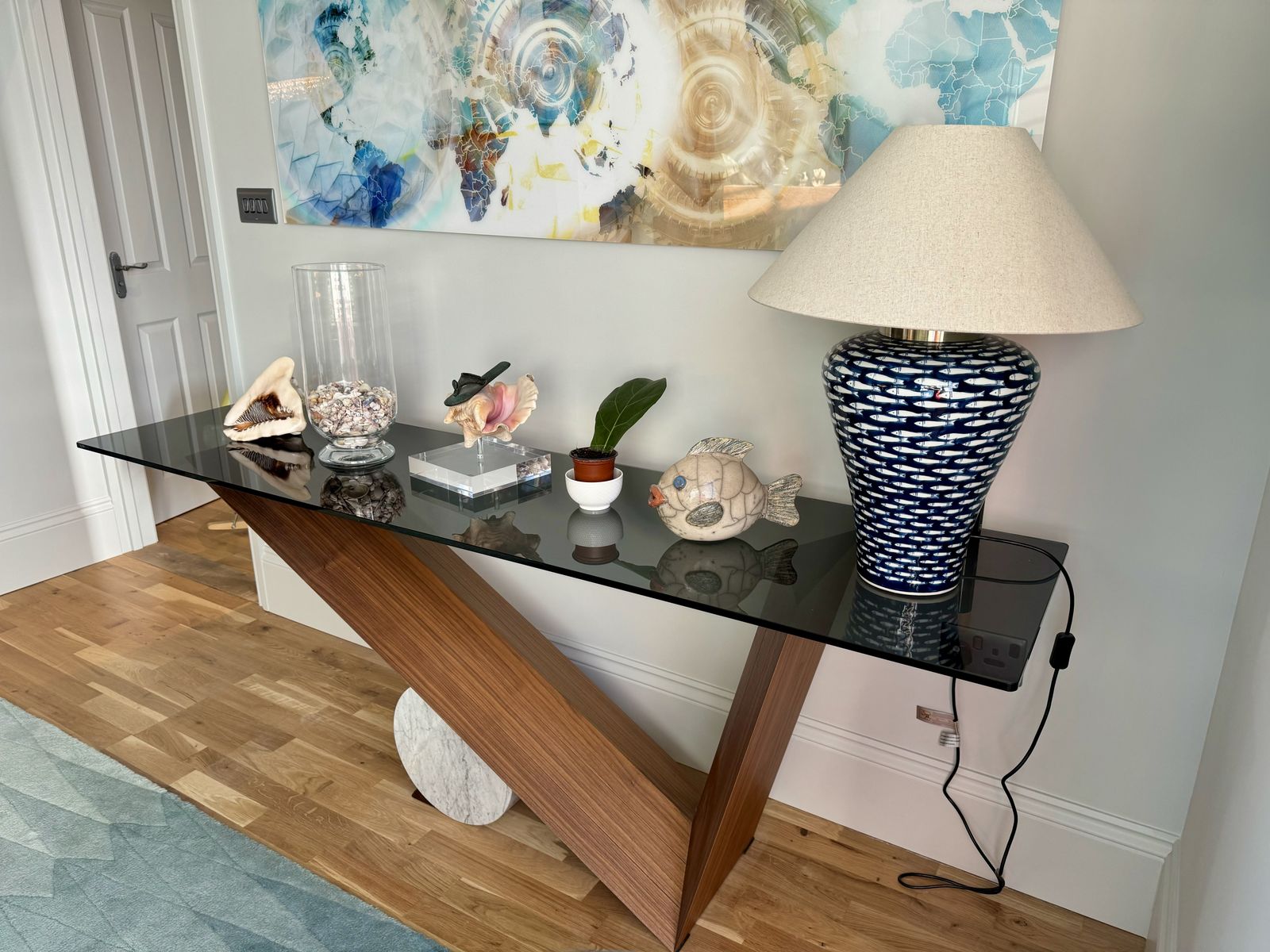 Valentino Console In Walnut, Carrara Marble And Smoked Glass photo for sale