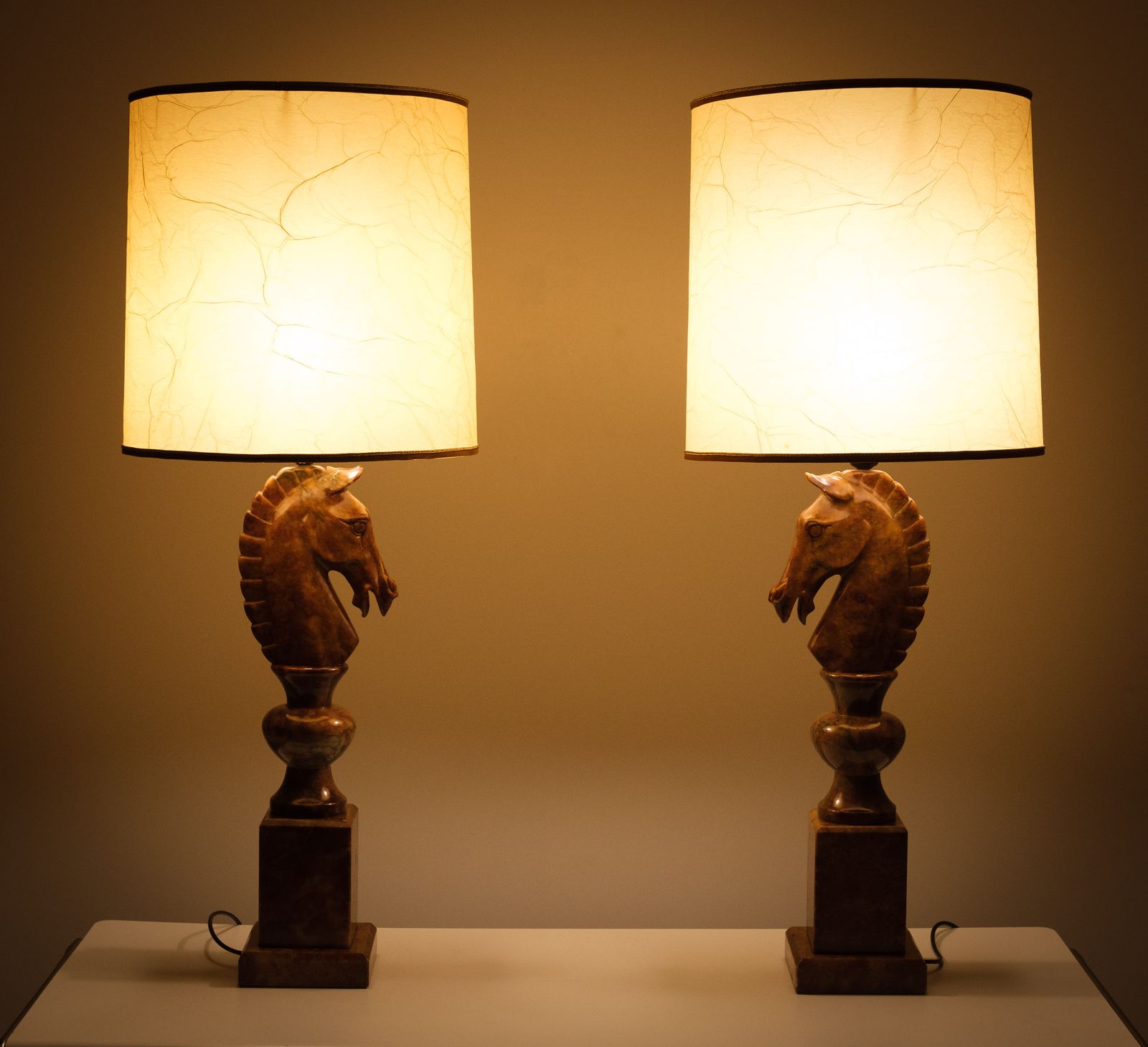 Large Horse Head Chess Knights Carved Alabaster Lamps Italy 1960s photo vinterior