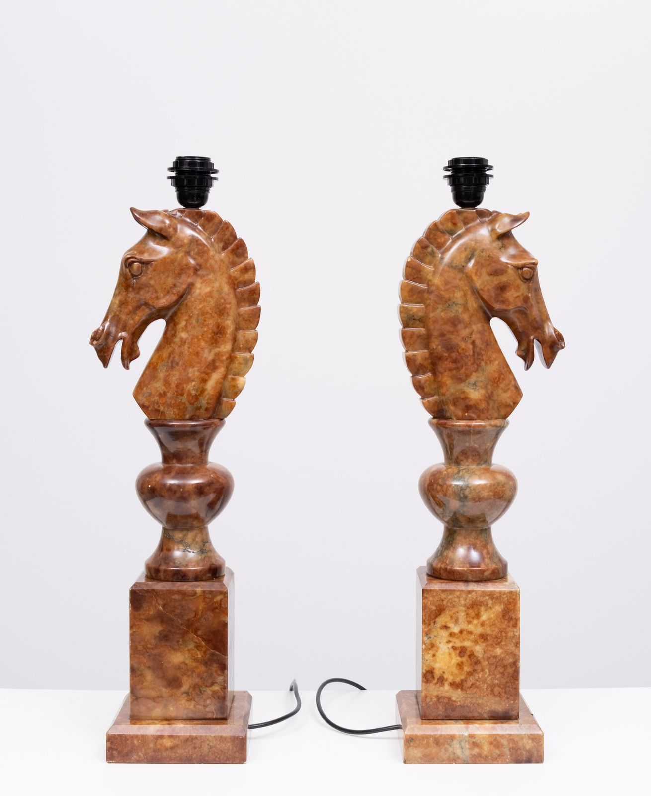 photo buy Large Horse Head Chess Knights Carved Alabaster Lamps Italy 1960s