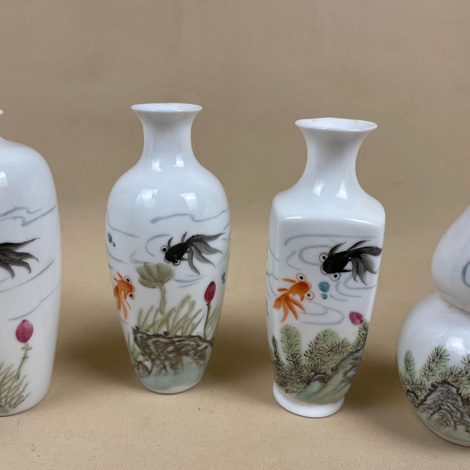 Set Of 5 Miniature Oriental Chinese Ceramic Porcelain Hand Painted Vase Small Floral Decorative Pot Antique Asian White Fish Bone China photo buy