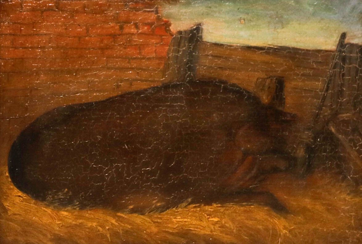 Folk Art Early 20th Century Oil Large Black Pig photo furniture