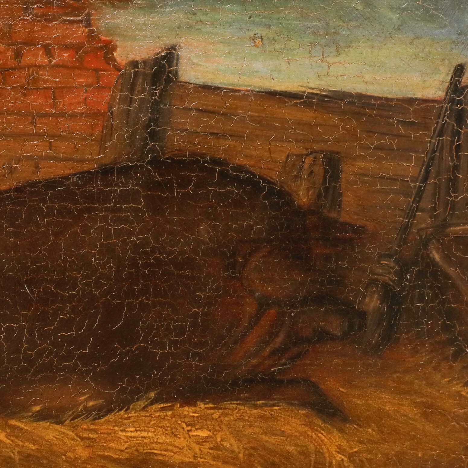 Folk Art Early 20th Century Oil Large Black Pig photo Art