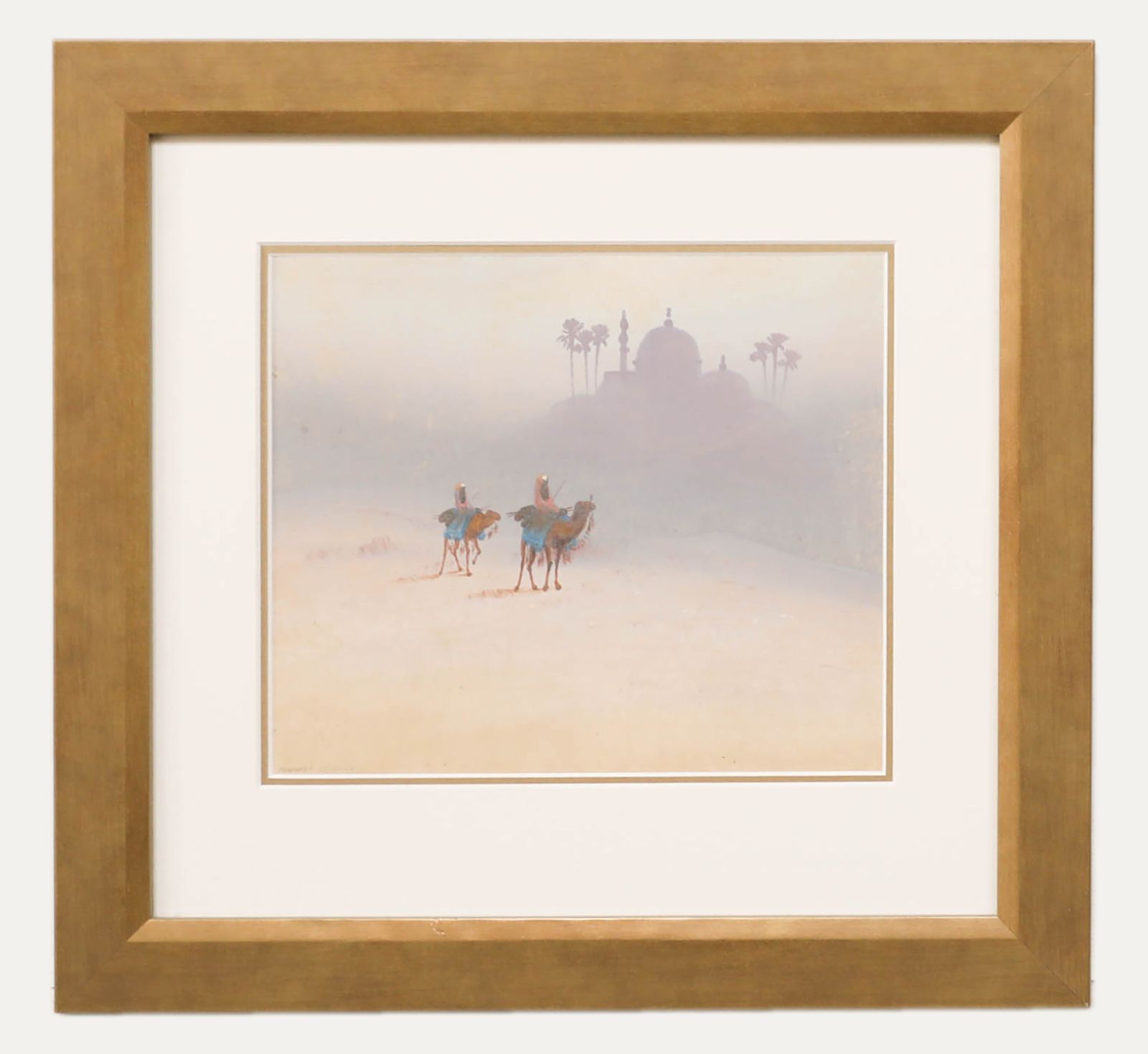 Wilson Furness Framed 20th Century Gouache, Camel Riders Passing By A Mosque