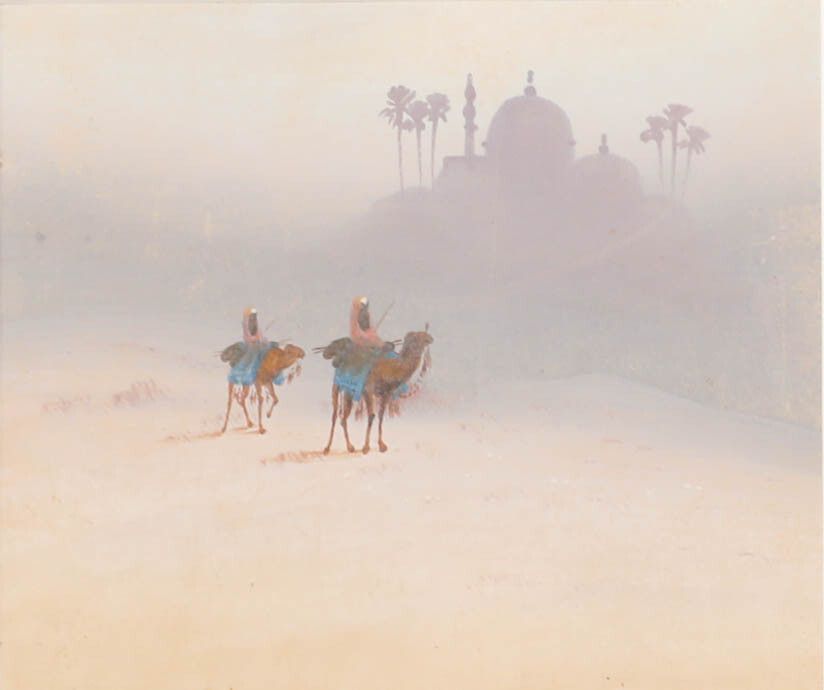 Wilson Furness Framed 20th Century Gouache, Camel Riders Passing By A Mosque photo furniture
