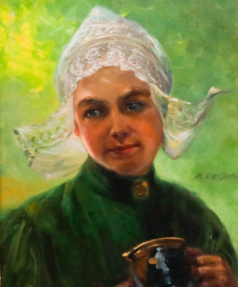 Marie Von Der Osten (B.1856) Late 19th Century Oil, Dutch Girl With A Teacup photo furniture