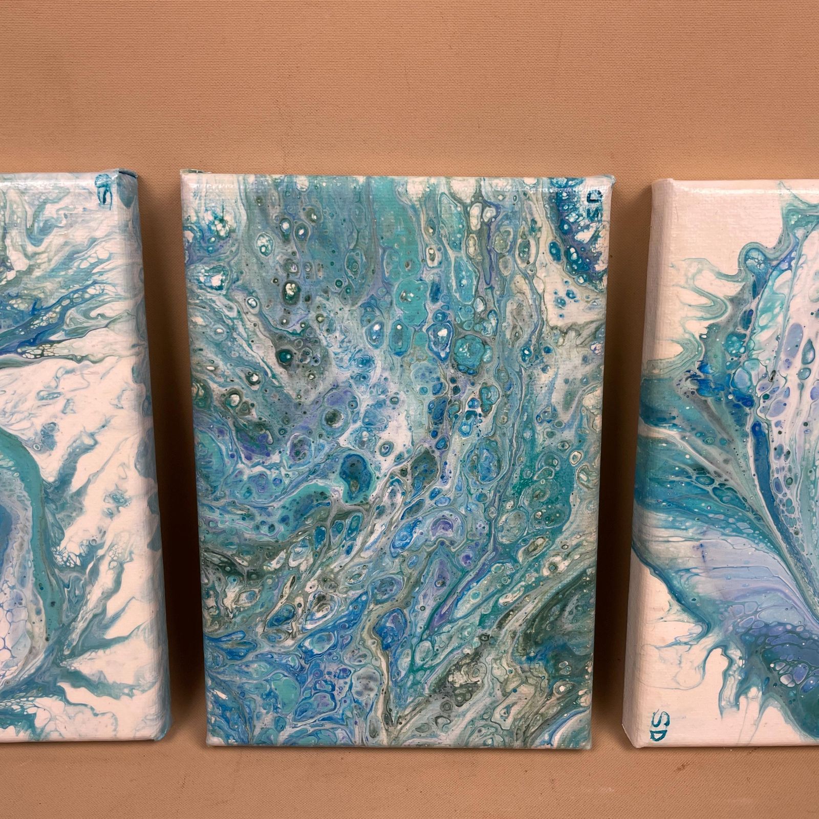 Vintage Marbled Painting Picture Original Artwork Canvas Marble Pattern Wood Frame Painted Art Rectangle 18x13cm Wall Hanging Marbling photo Art