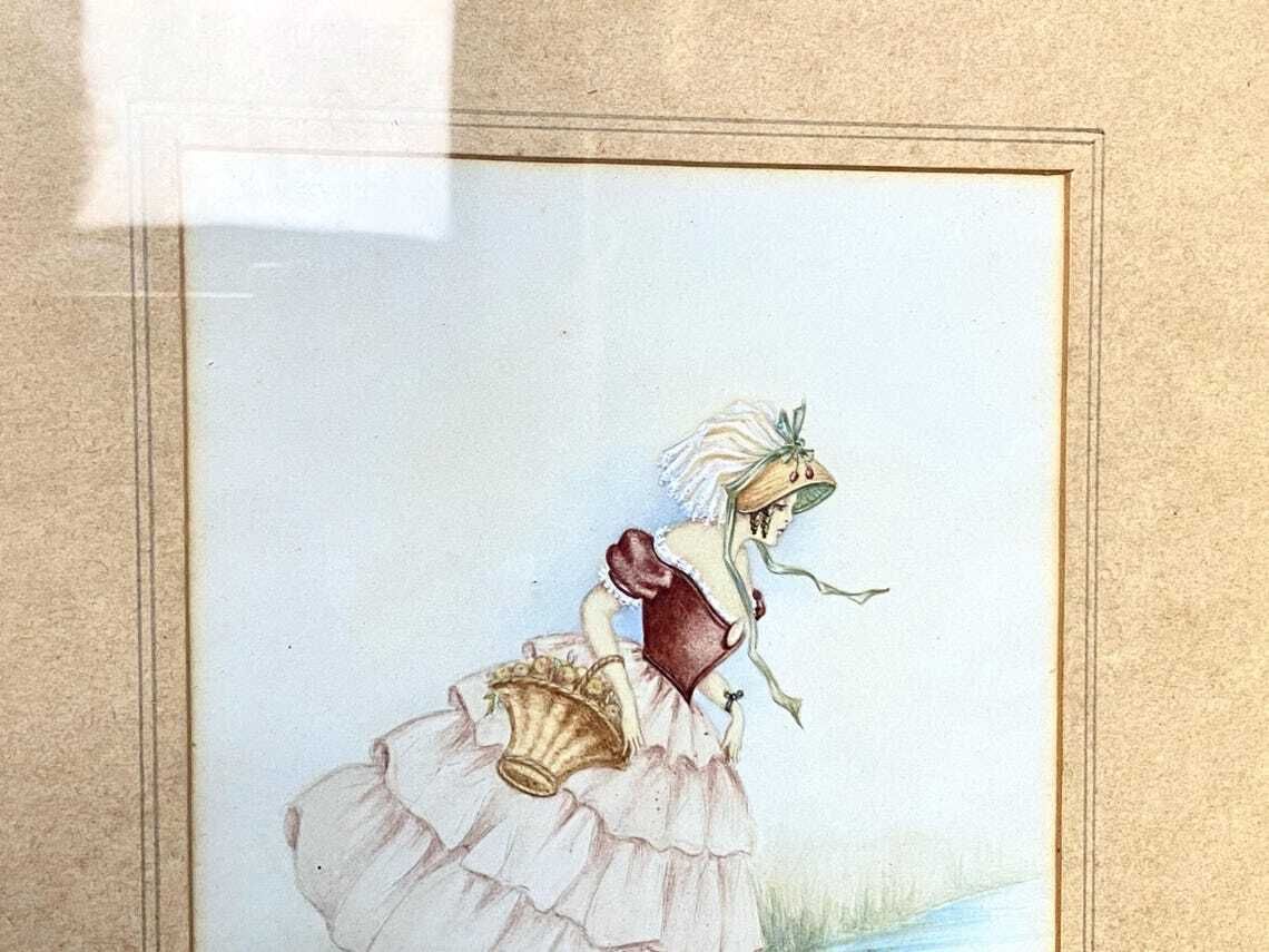 Antique R Mcfarlane Watercolour Painting Lady By A River Signed photo vinterior