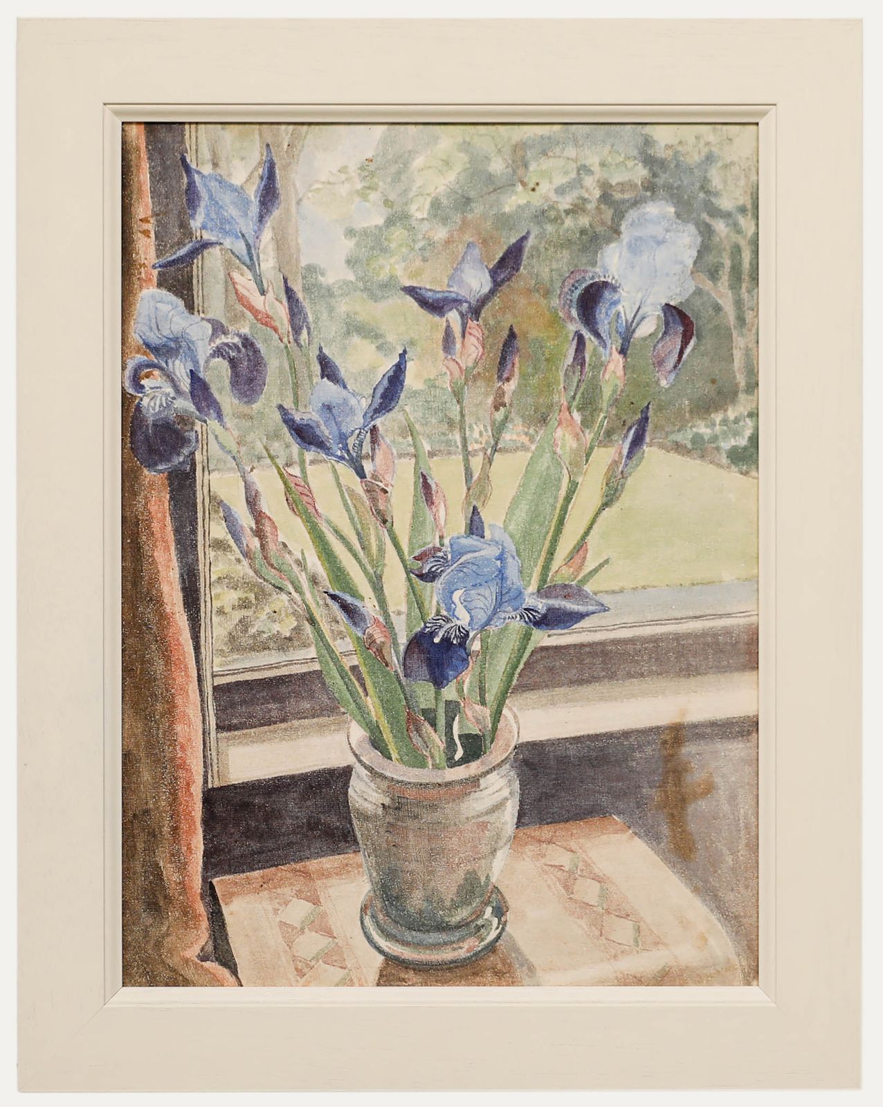 British School C.1930 Gouache Blue Irises By The Window