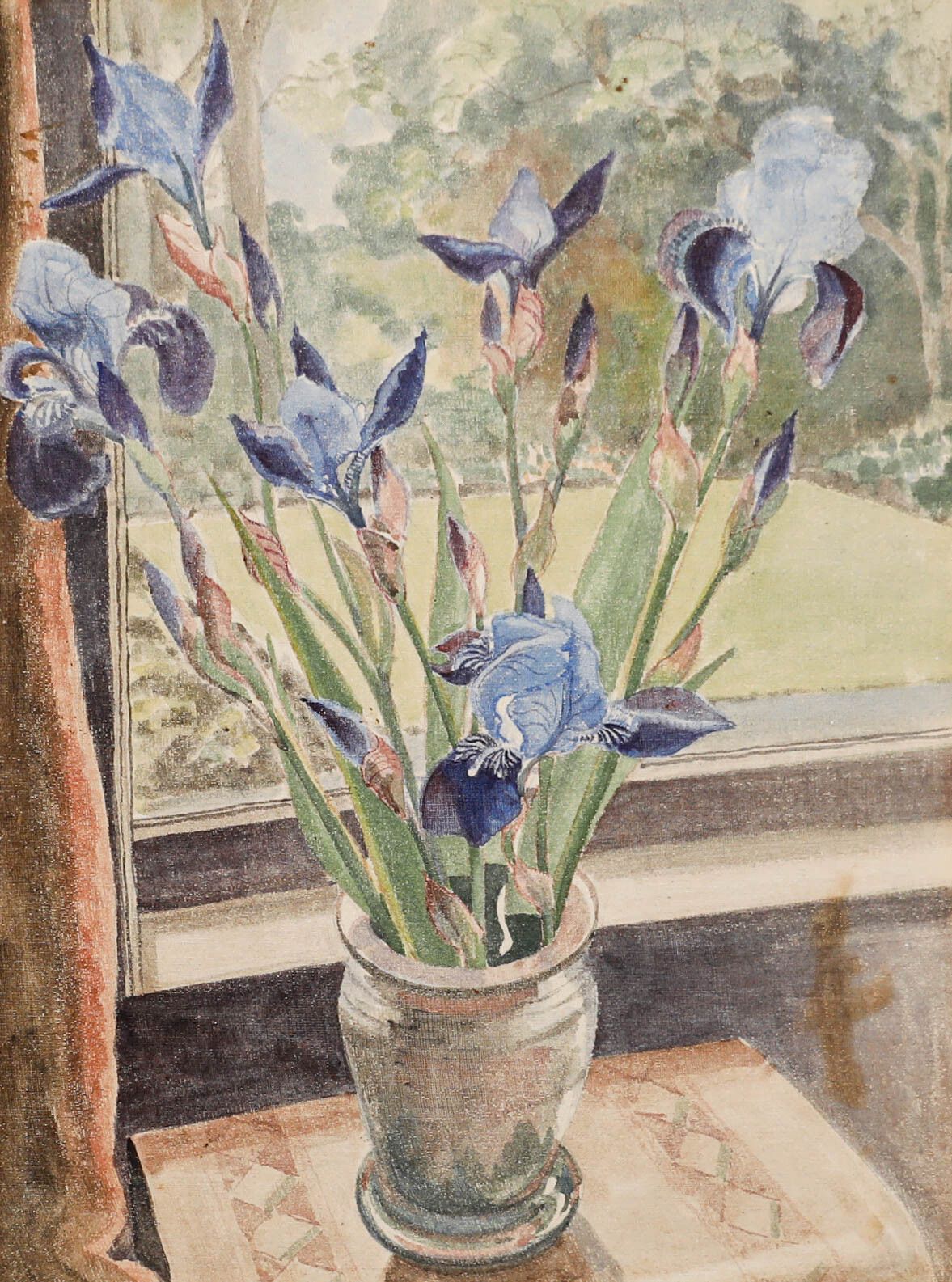 British School C.1930 Gouache Blue Irises By The Window photo furniture