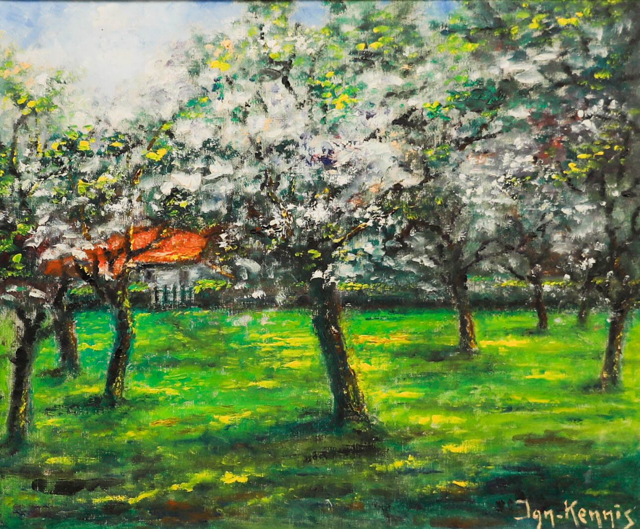 Jan Kennis Framed 20th Century Oil, Orchard In Blossom photo furniture