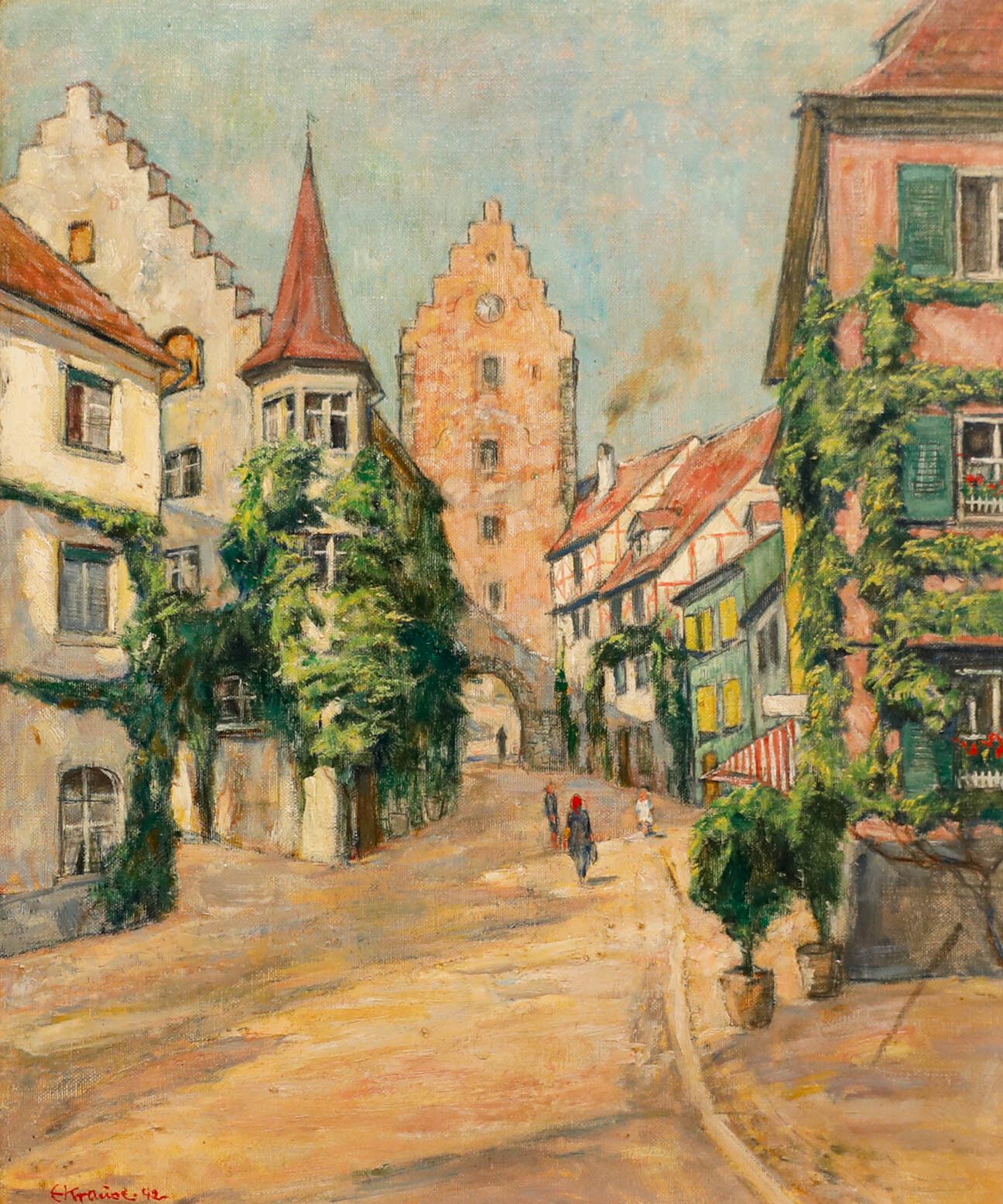 Erich Krause (1886 1954) German School 1942 Oil, A Street In Meersburg photo furniture