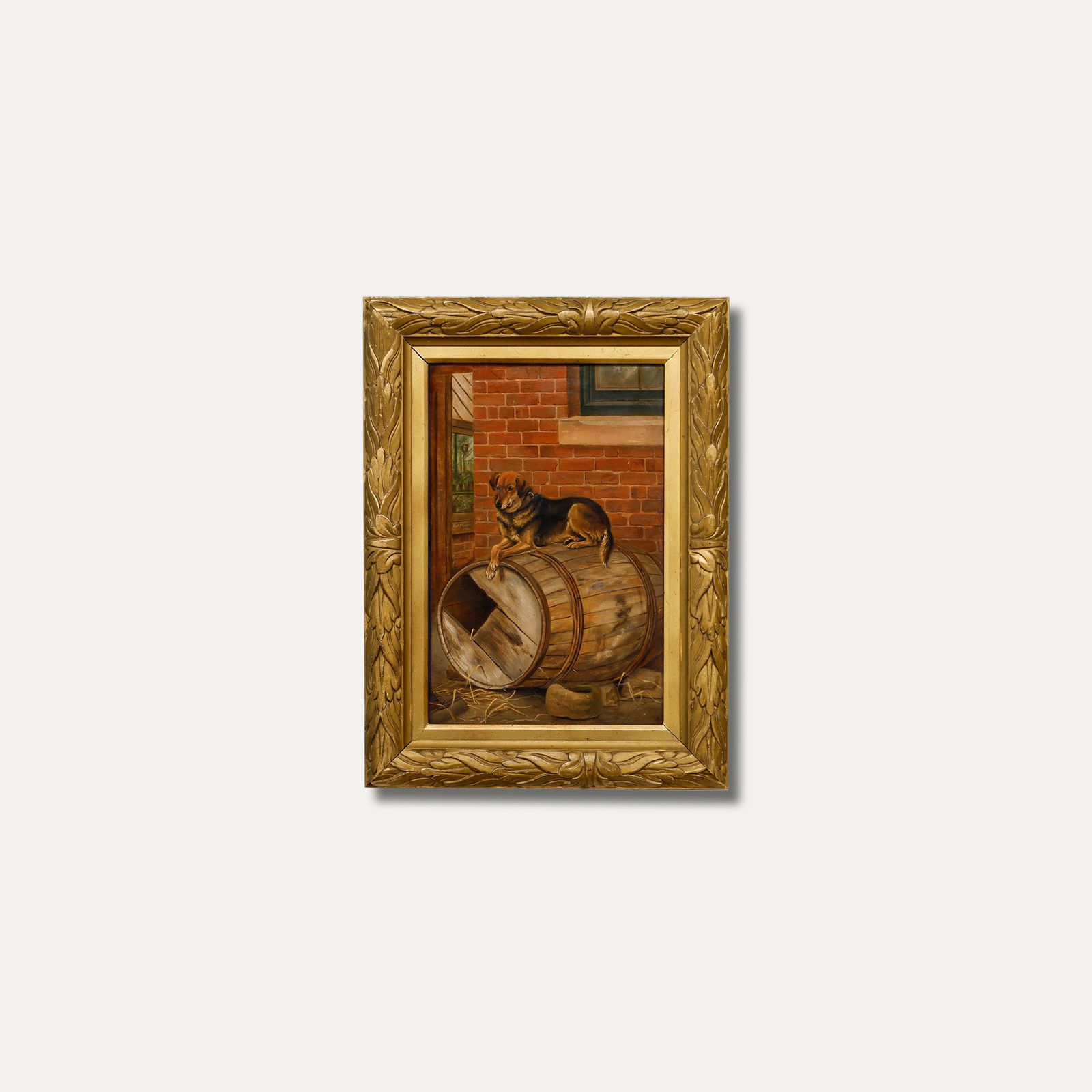 Charles Edwin Baldock (1876 1941)  Framed Oil, Farm Dog Resting On A Barrel photo buy