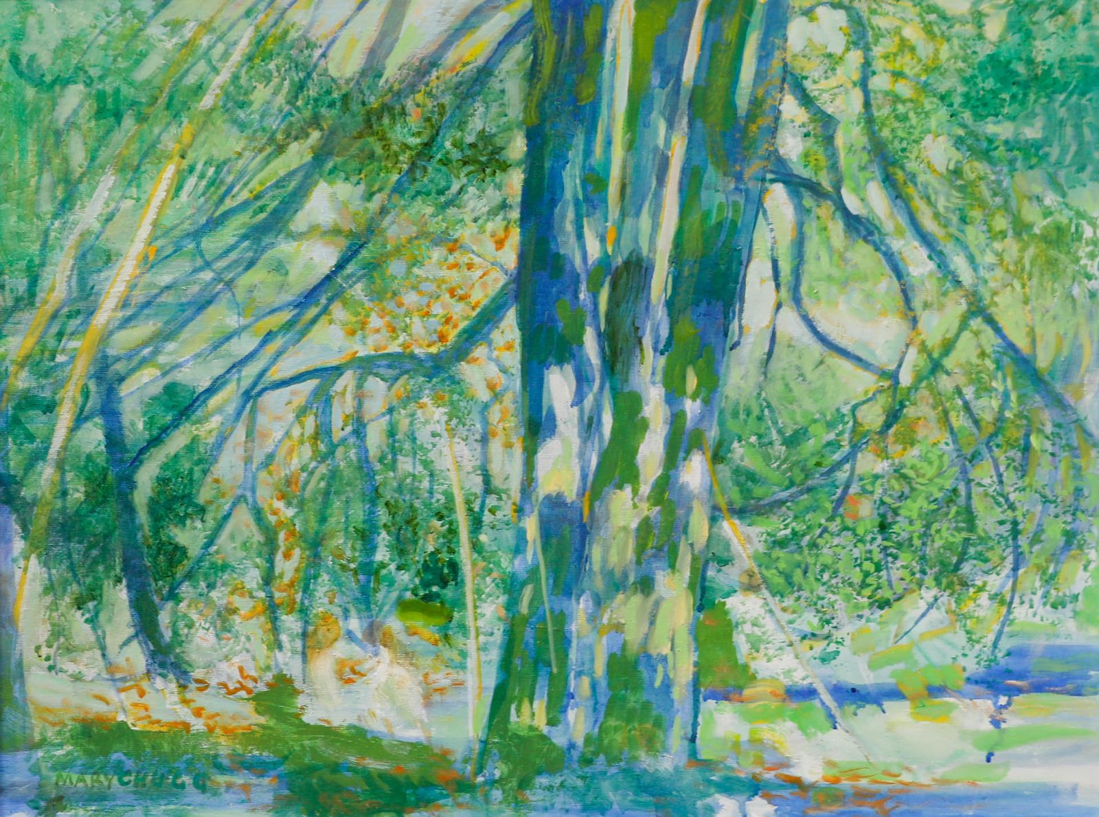 Mary Chugg (1935 2024) Framed Contemporary Oil, Sunlight & Trees photo furniture
