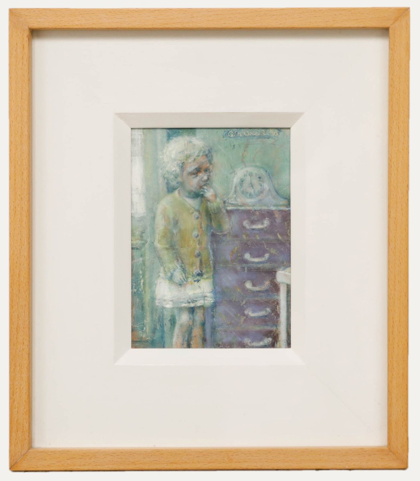 Colin Vincent Framed 20th Century Tempera, Chest Of Drawers And Clock
