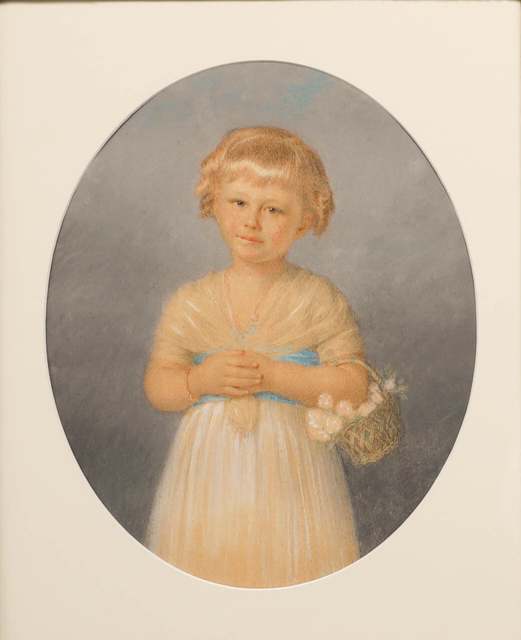 19th Century Watercolour Girl With A Flower Basket photo furniture
