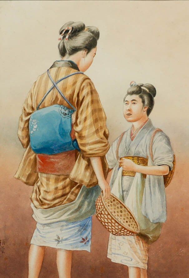 Japanese School Mid 20th Century Watercolour Mother And Daughter photo furniture