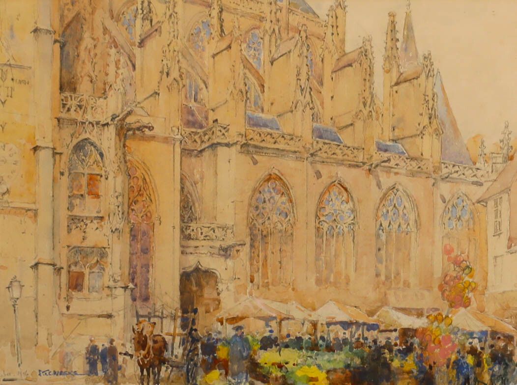 Sydney T. C. Weeks (1878 1945) Watercolour, Crowds At The Cathedral Market photo furniture