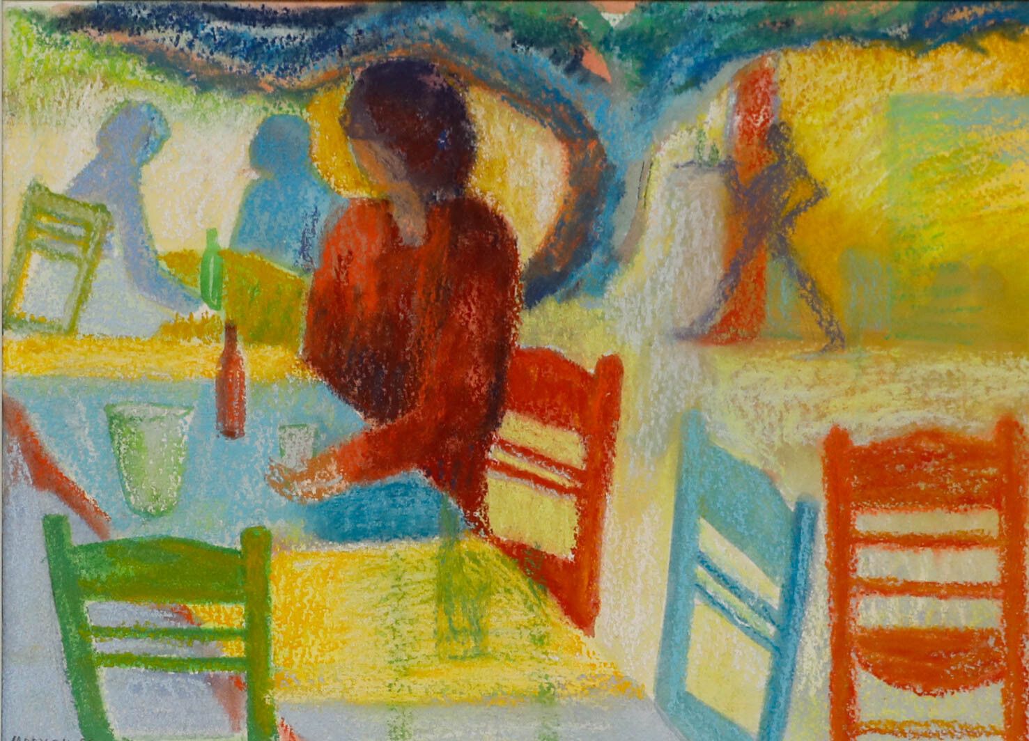 Mary Chugg (1935 2024) Framed Contemporary Pastel, A Cretan Taverna III photo furniture