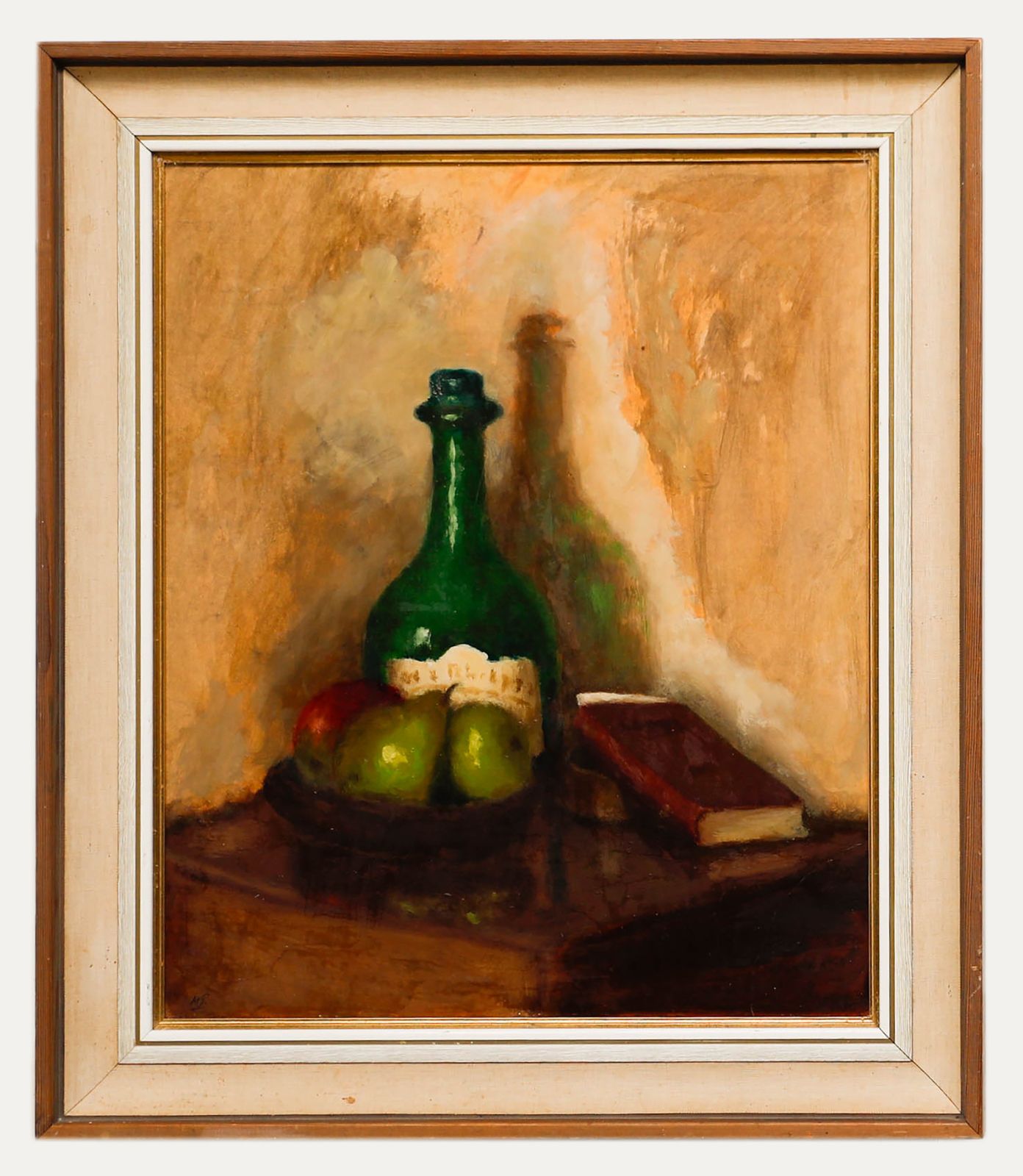 20th Century Oil Green Bottle And Fruit