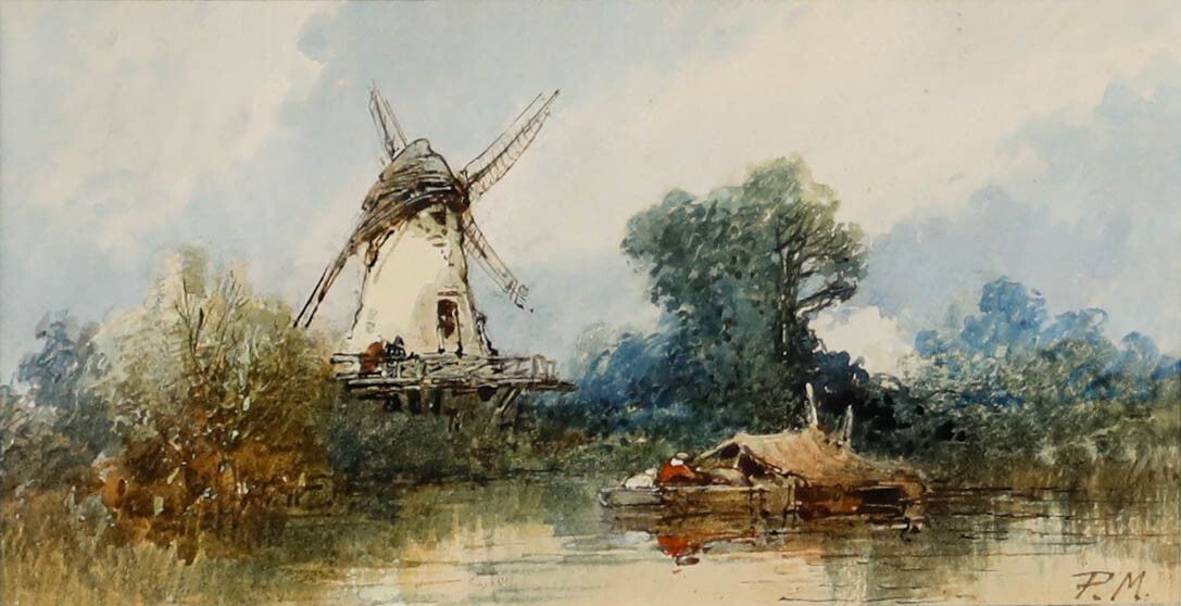 Paul Marny (1829 1914) Framed Watercolour, A Lakeside Windmill photo furniture