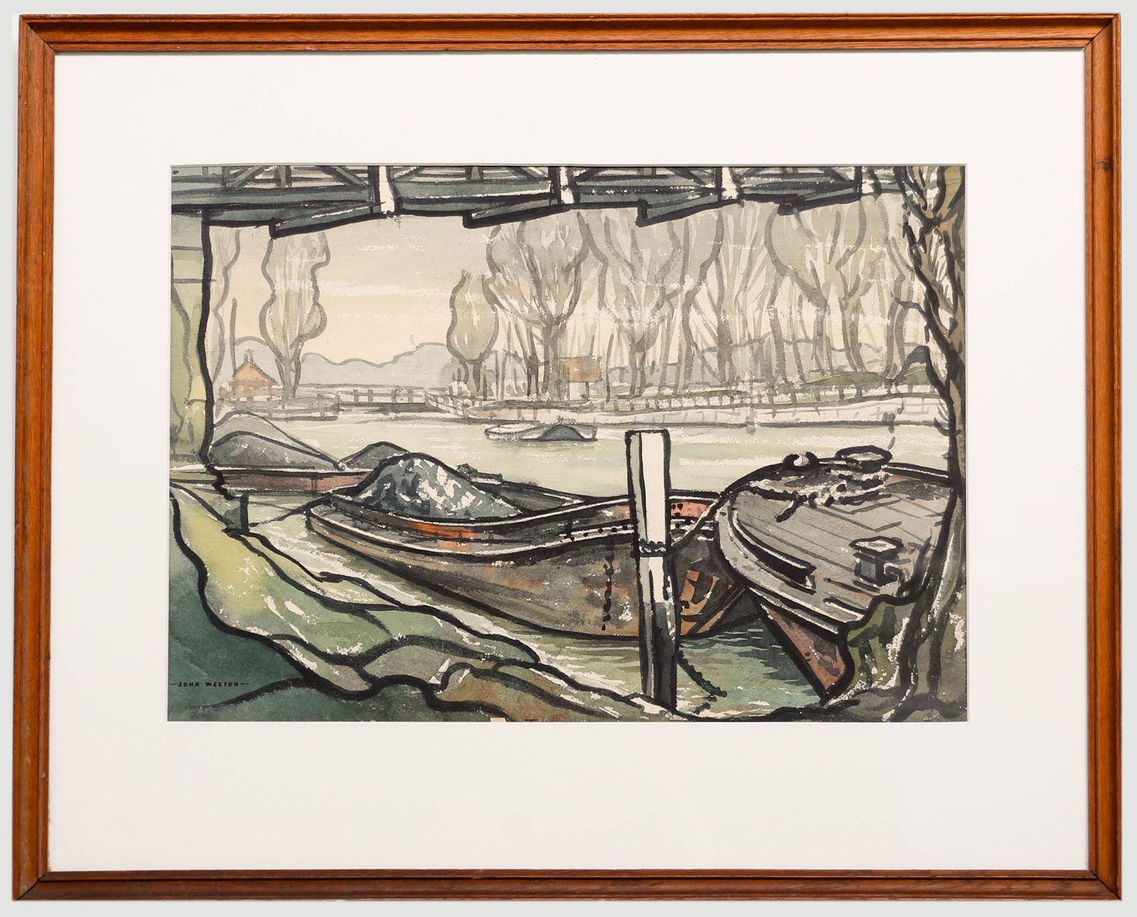John Weston Framed Mid 20th Century Watercolour, Barges At Teddington Lock