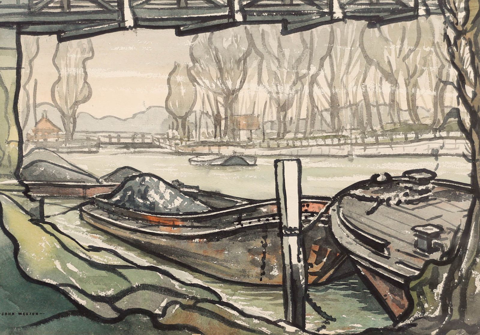 John Weston Framed Mid 20th Century Watercolour, Barges At Teddington Lock photo furniture
