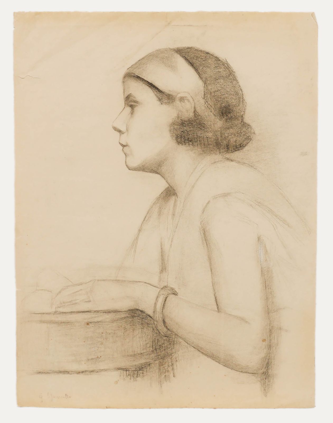 G. Querville Early 20th Century Graphite Drawing, Young Woman photo furniture