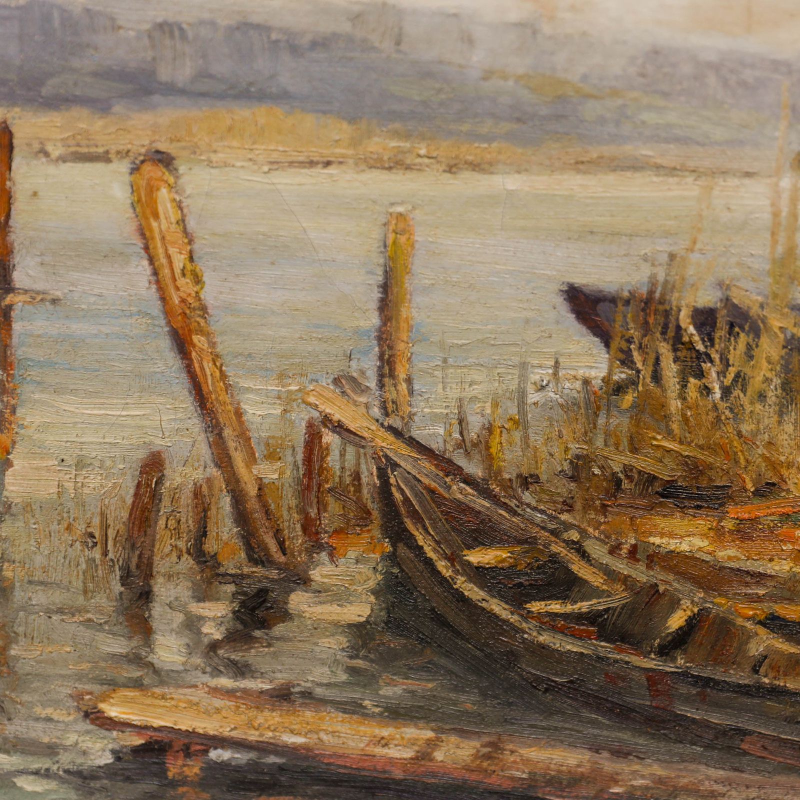 How Framed Mid 20th Century Oil, Fishing Boats On The River photo Art