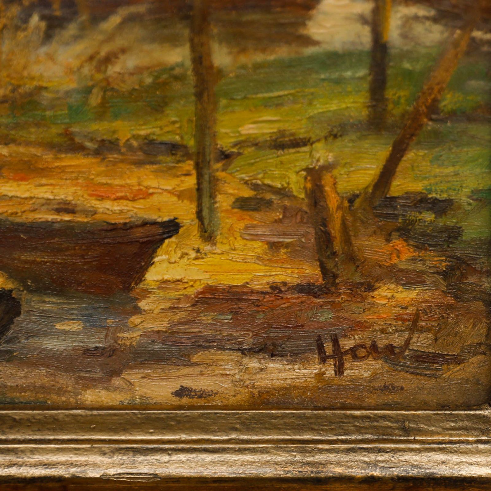 How Framed Mid 20th Century Oil, Fishing Boats On The River photo vinterior