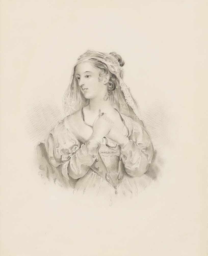 H. O. Collins Framed 19th Century Graphite Drawing, European Maiden photo furniture