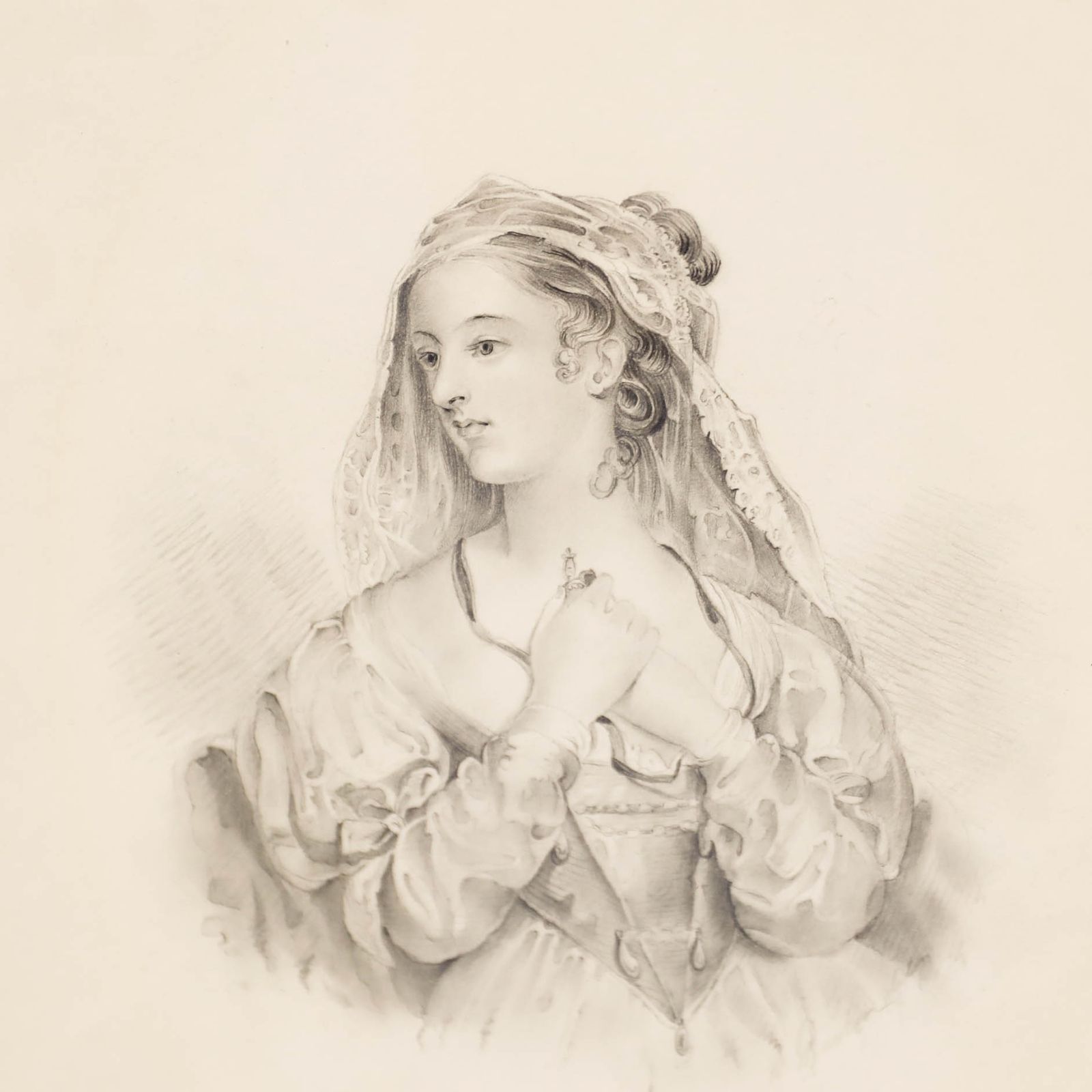 H. O. Collins Framed 19th Century Graphite Drawing, European Maiden photo Art