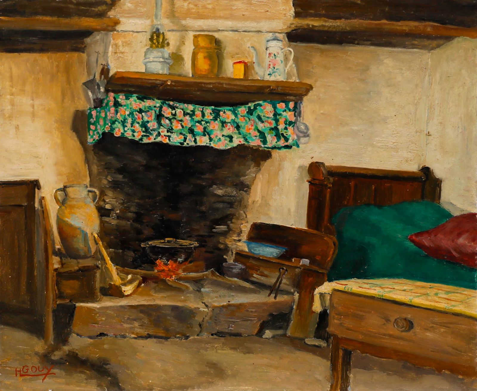 H. Gouy  Early 20th Century Oil, Chambre Et Pot Au Feu photo furniture