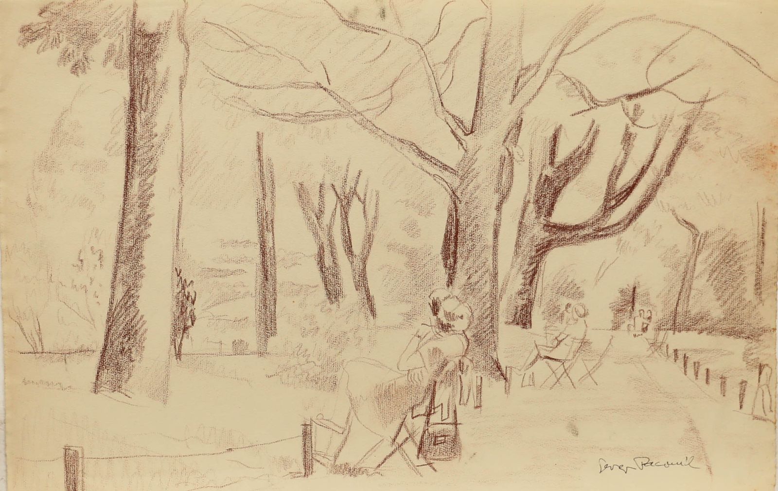 Georges Pacouil (1903 1996) Mid 20th Century Pastel, Summer In The Park