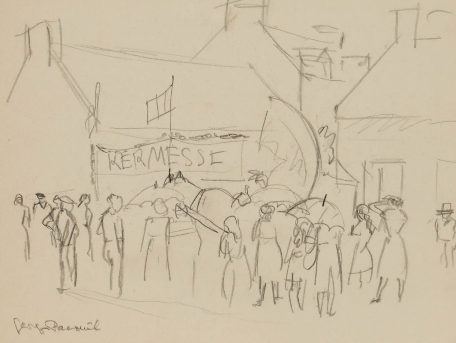 Georges Pacouil (1903 1996) Mid 20th Century Graphite Drawing, Kermesse
