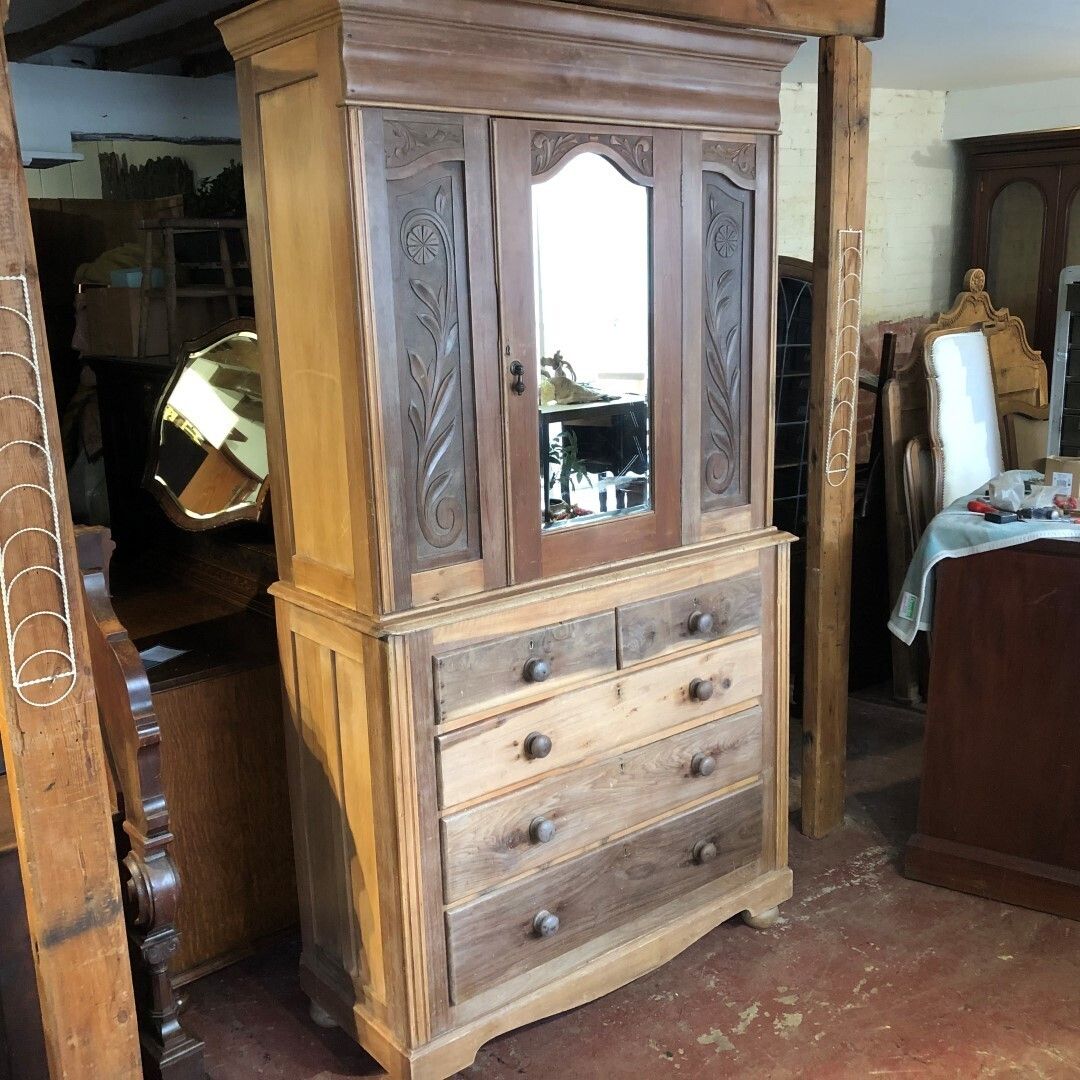 Antique Satinwood Tall Mirrored Cupboard Over Drawers 1910s photo vinterior