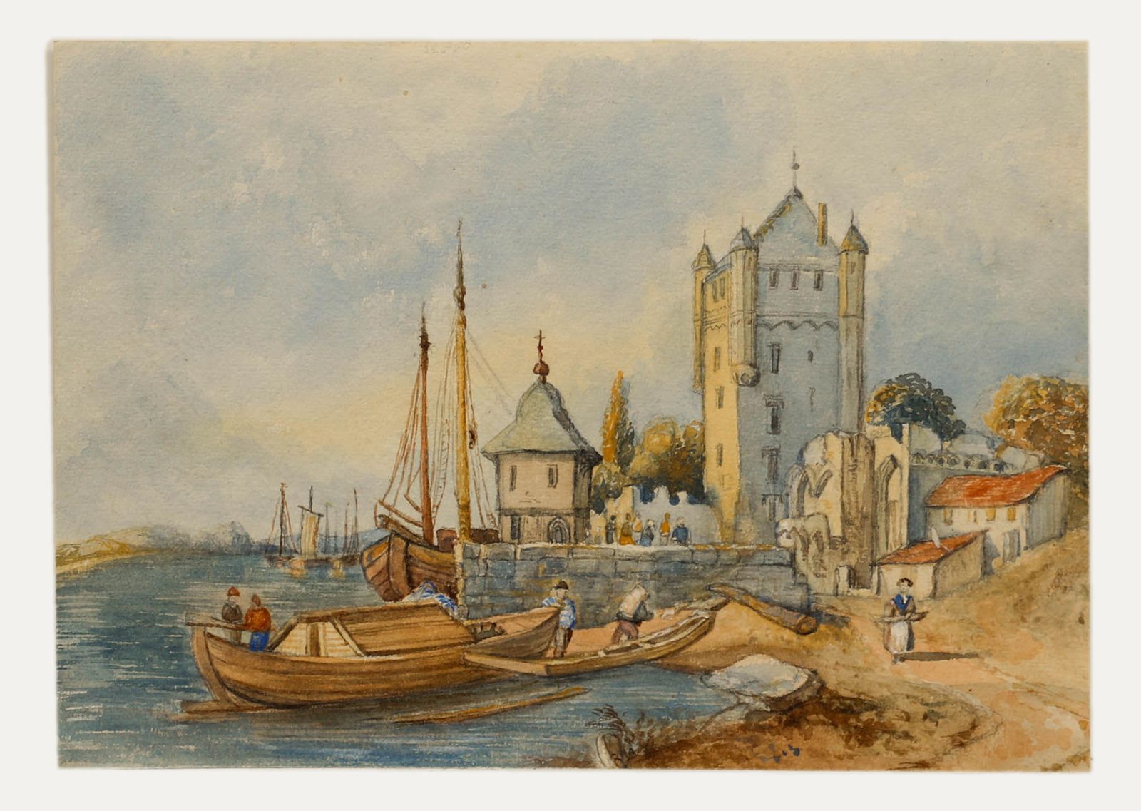 19th Century Watercolour Continental Coastal Town photo furniture