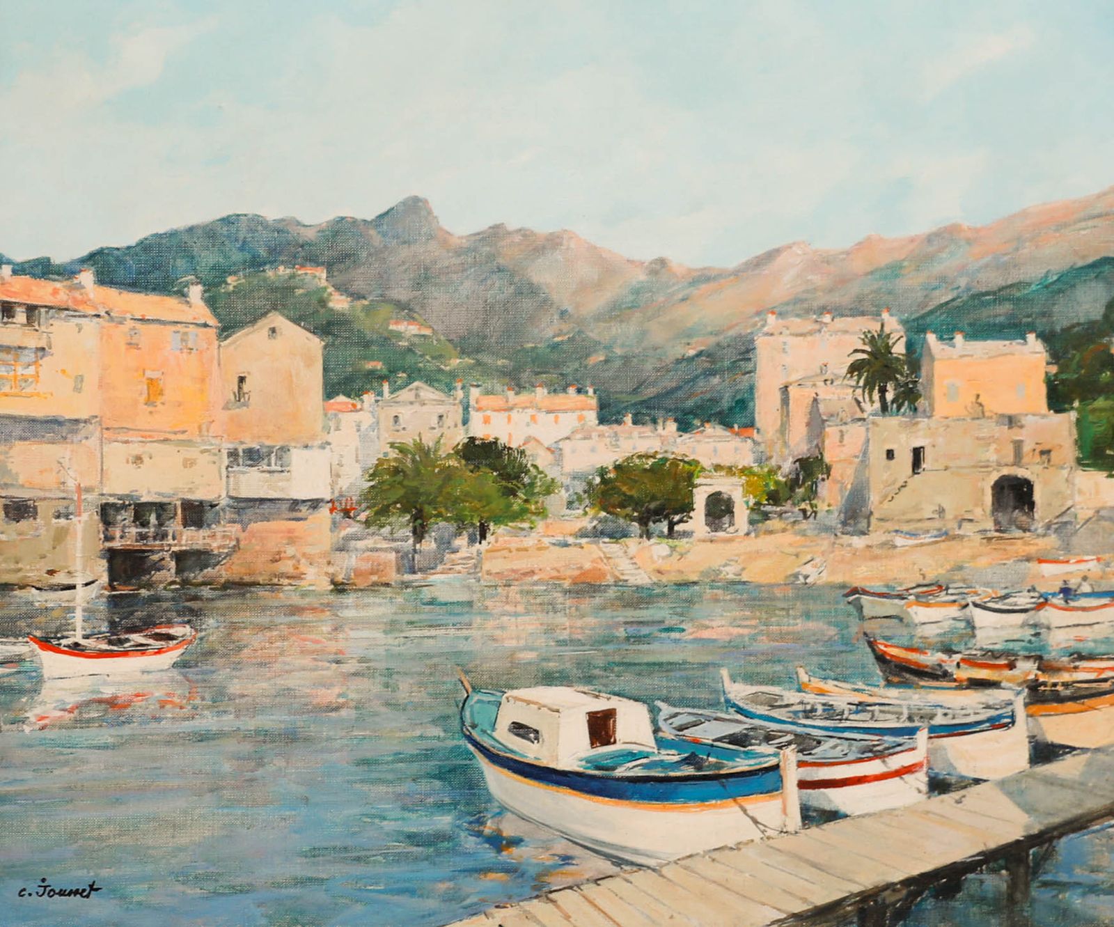 Claude Jousset (B.1935) Framed 20th Century Oil, Petit Port En Italie photo furniture