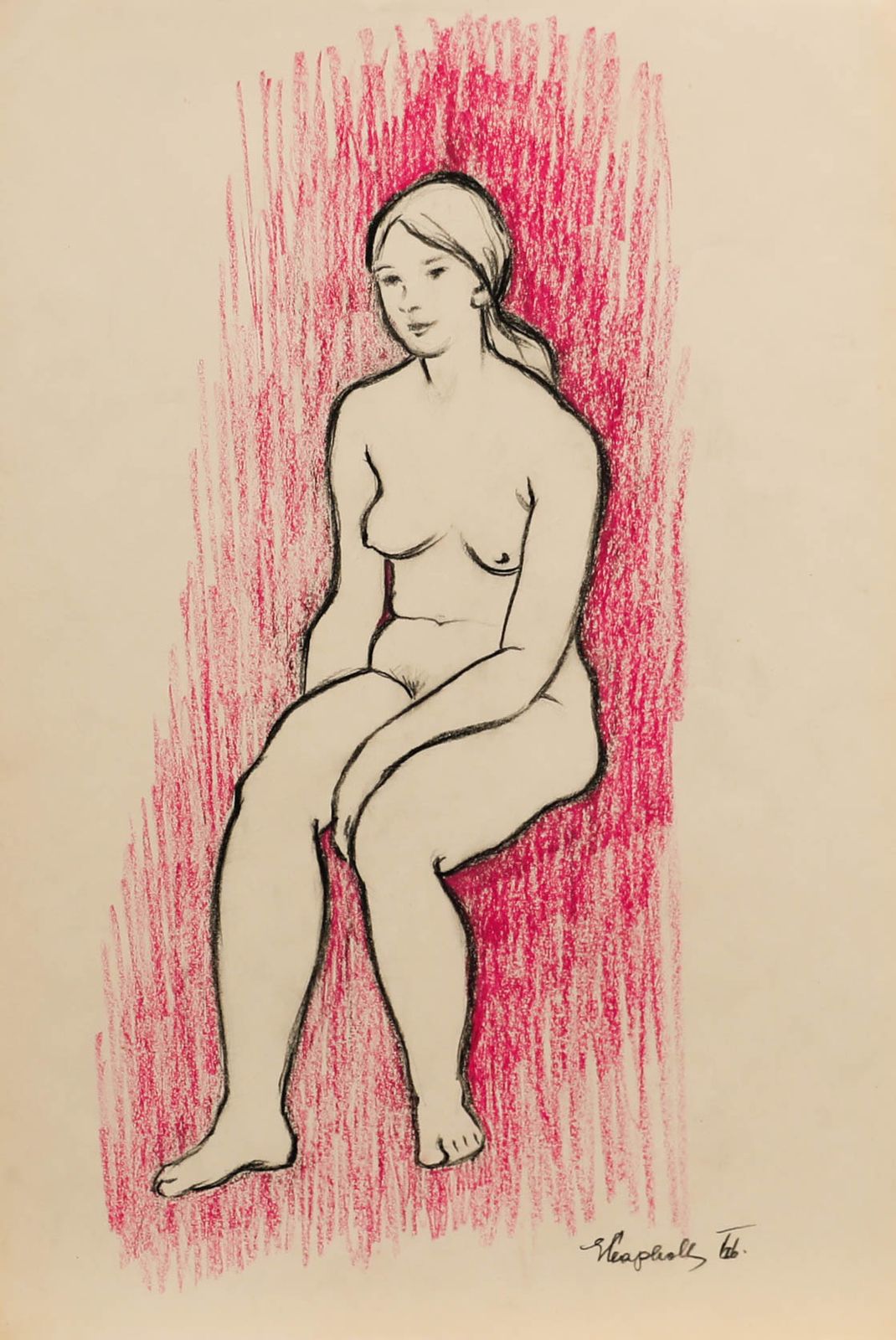 E.P. Clapholt 1966 Pastel, Nude Of Red