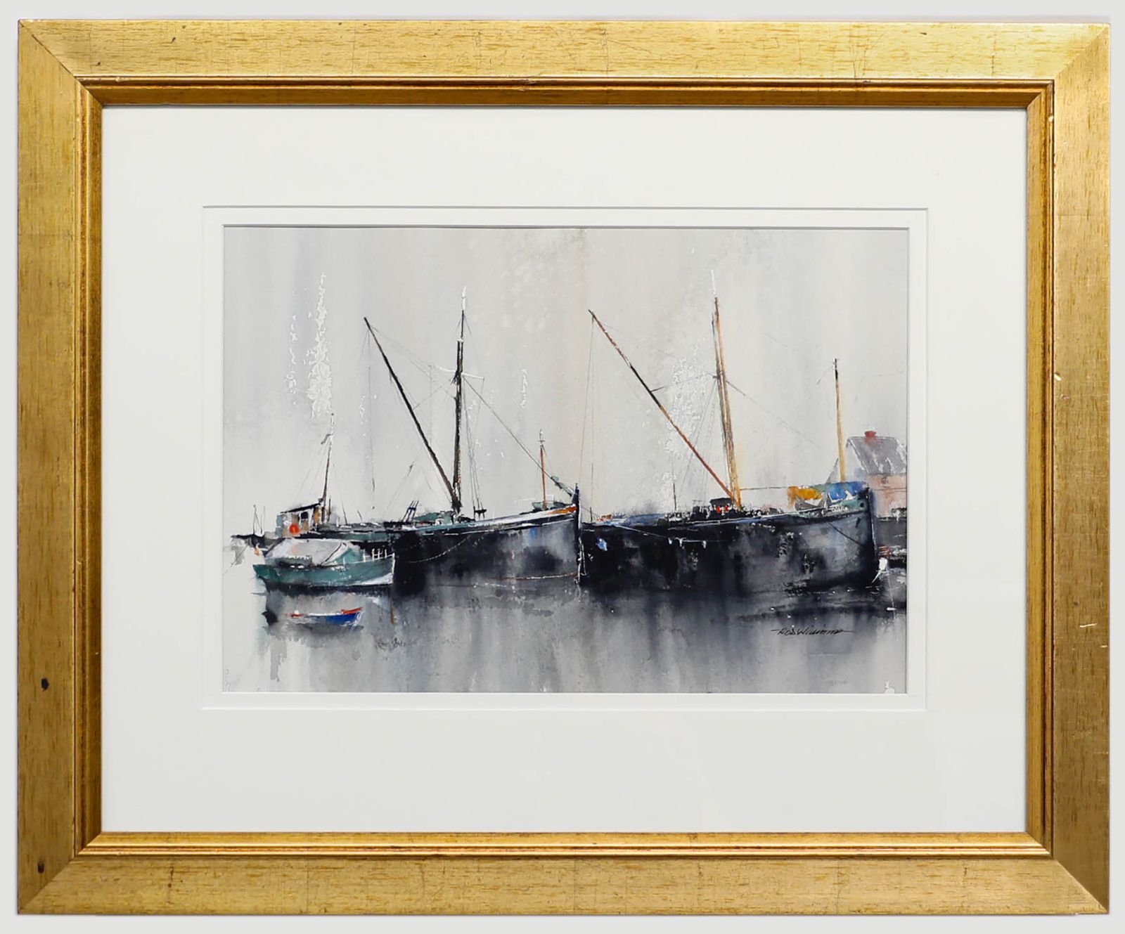 Rob Williams Framed Contemporary Watercolour, Sailing Boats In A Harbour