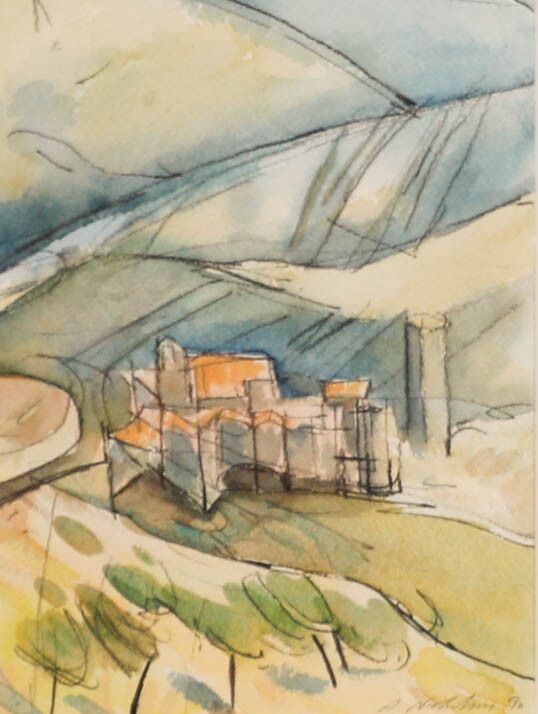 A. Nicholson Framed Contemporary Watercolour, Castello Di Santa Giuliana photo furniture