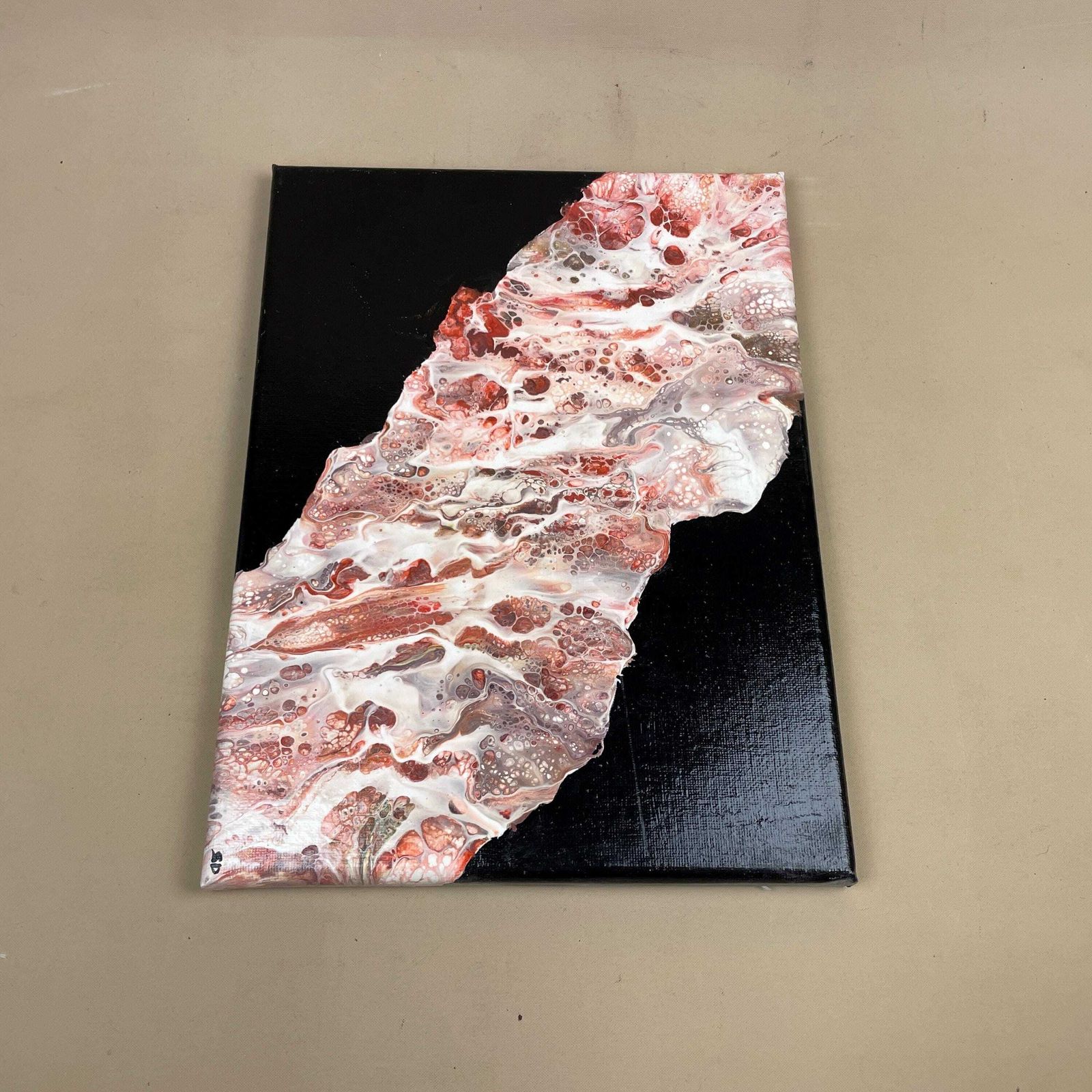 Vintage Marbled Painting Picture Original Artwork On Canvas Marble Pattern Wood Frame Painted Art Rectangle 31x22.7cm Wall Hanging Marbling photo 65.0