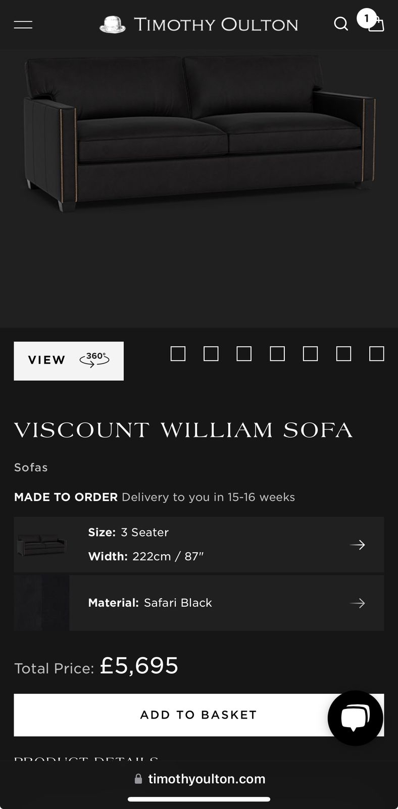 Timothy Oulton Viscount William 3 Seater Sofa In Safari Black Leather photo buy