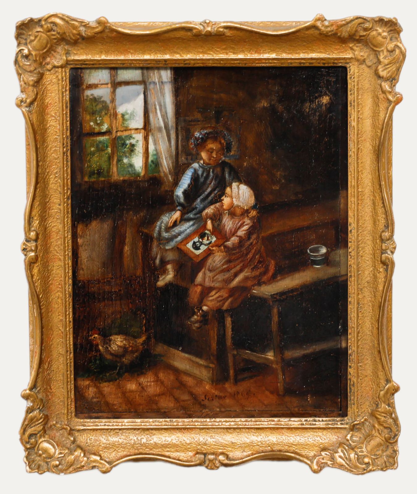 Framed Mid 19th Century Oil Two Children In An Interior